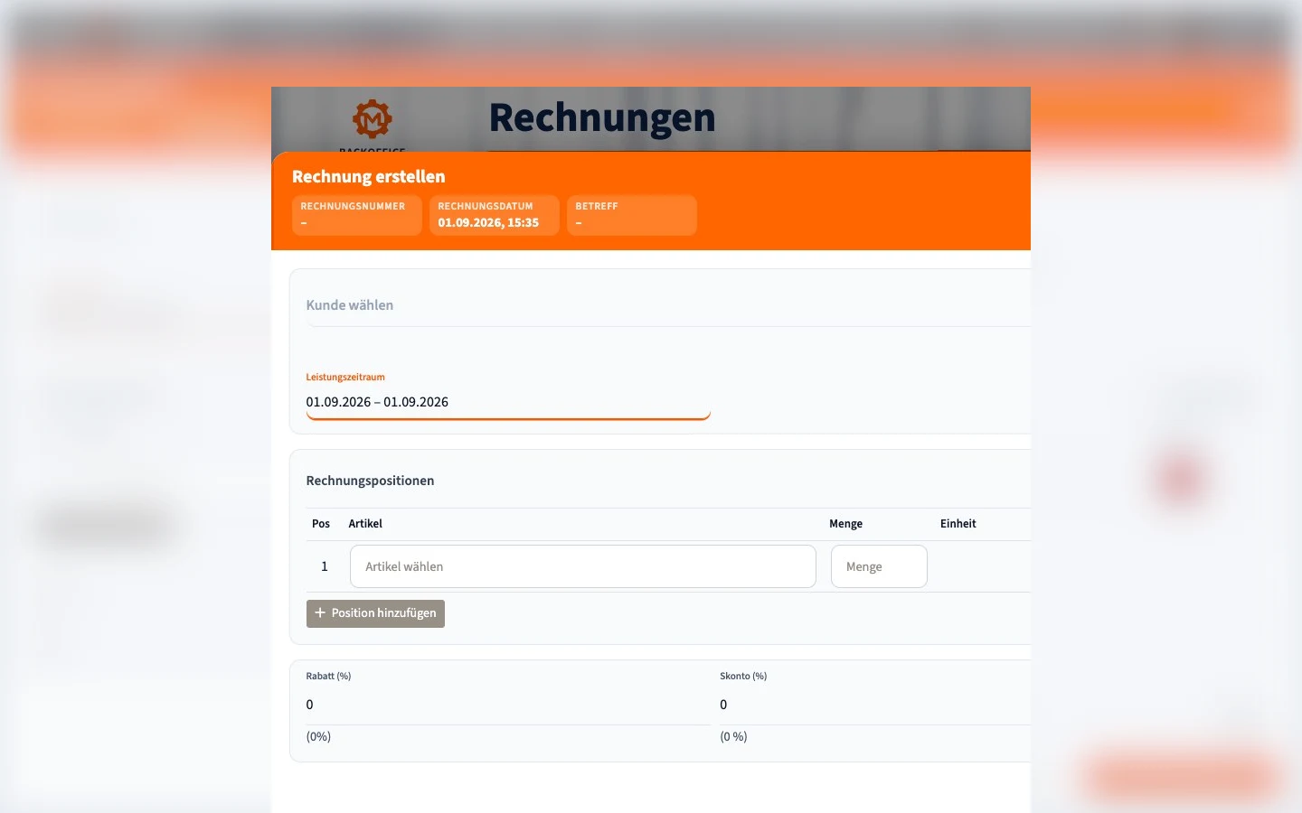 Motorica Backoffice: Rechnung erstellen auf Deutsch, mit vollständig sichtbarem Seitentitel Rechnungen