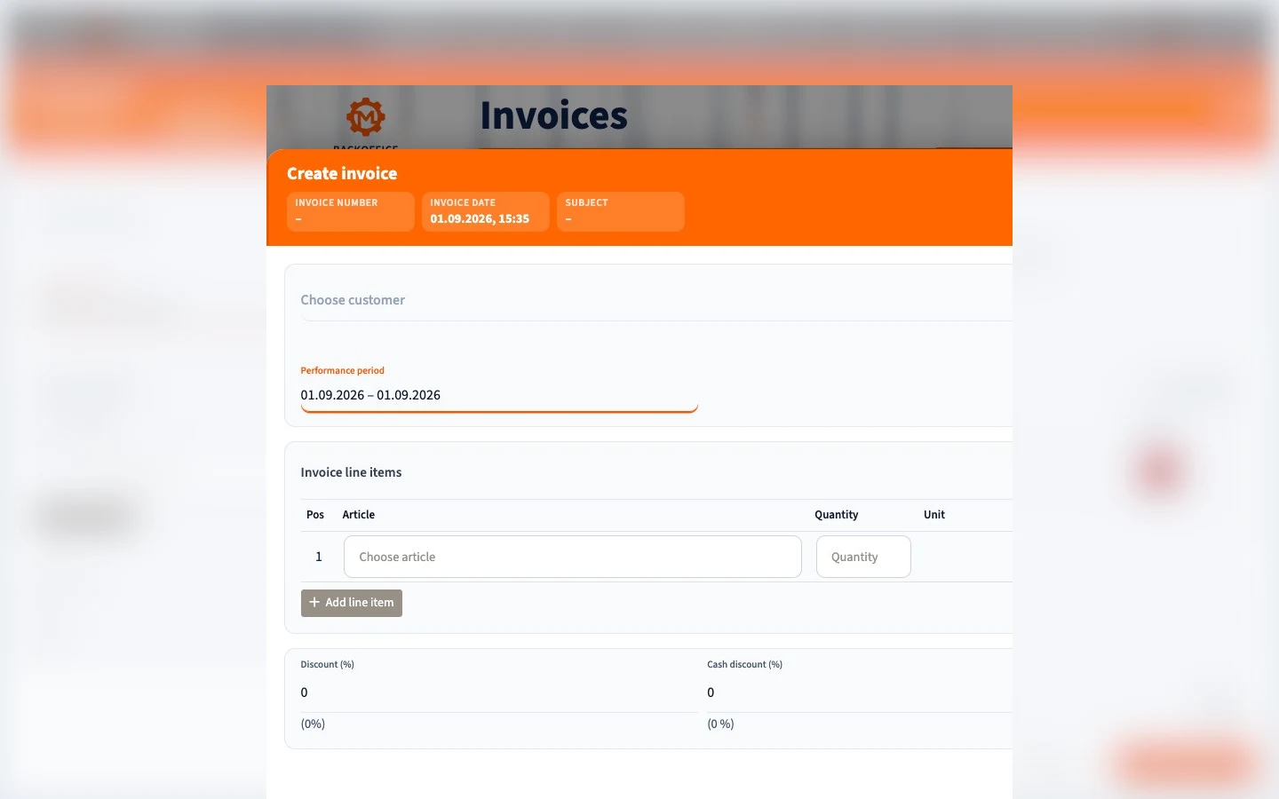 Motorica Backoffice invoice form in English with the full Invoices page title visible