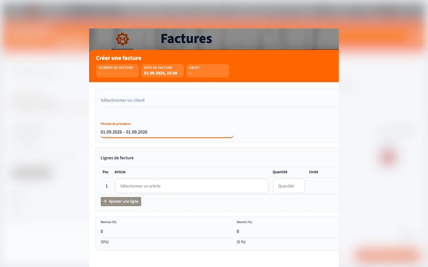 Motorica Backoffice : formulaire de facture en français avec titre de page entièrement visible