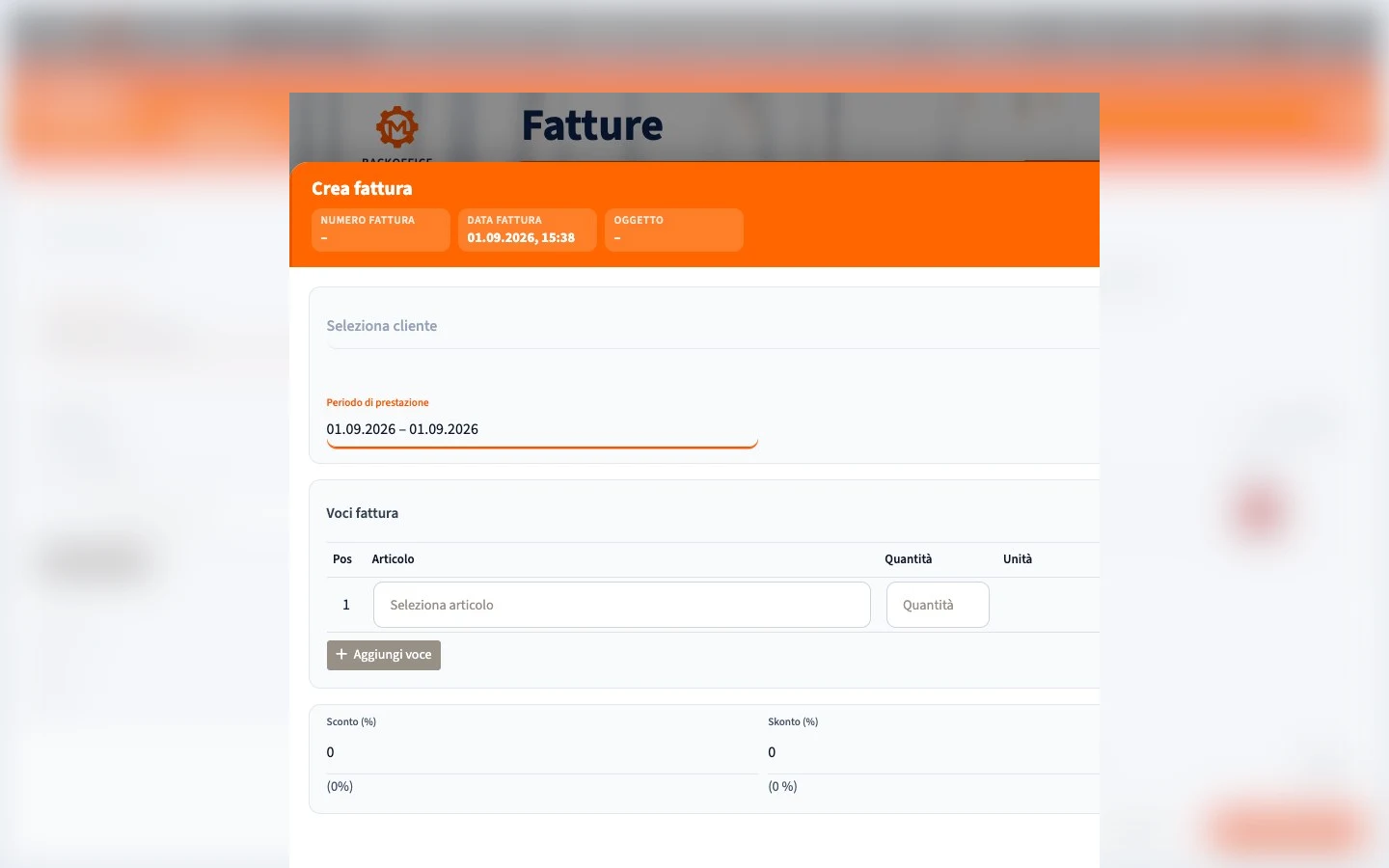Motorica Backoffice: modulo fattura in italiano con il titolo completo della pagina visibile