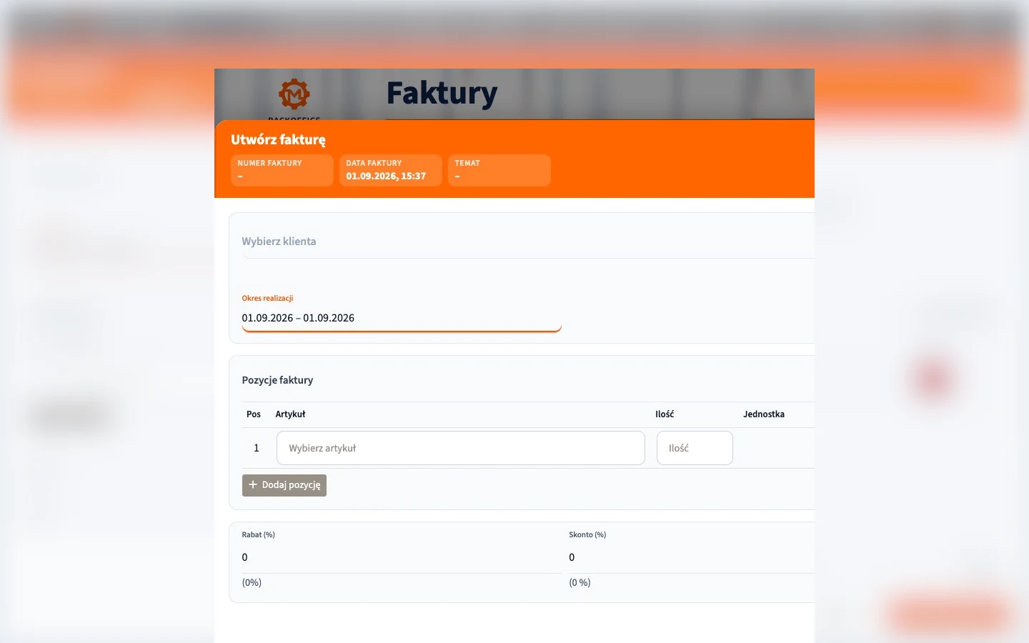 Motorica Backoffice: formularz faktury po polsku z pełnym tytułem strony Faktury
