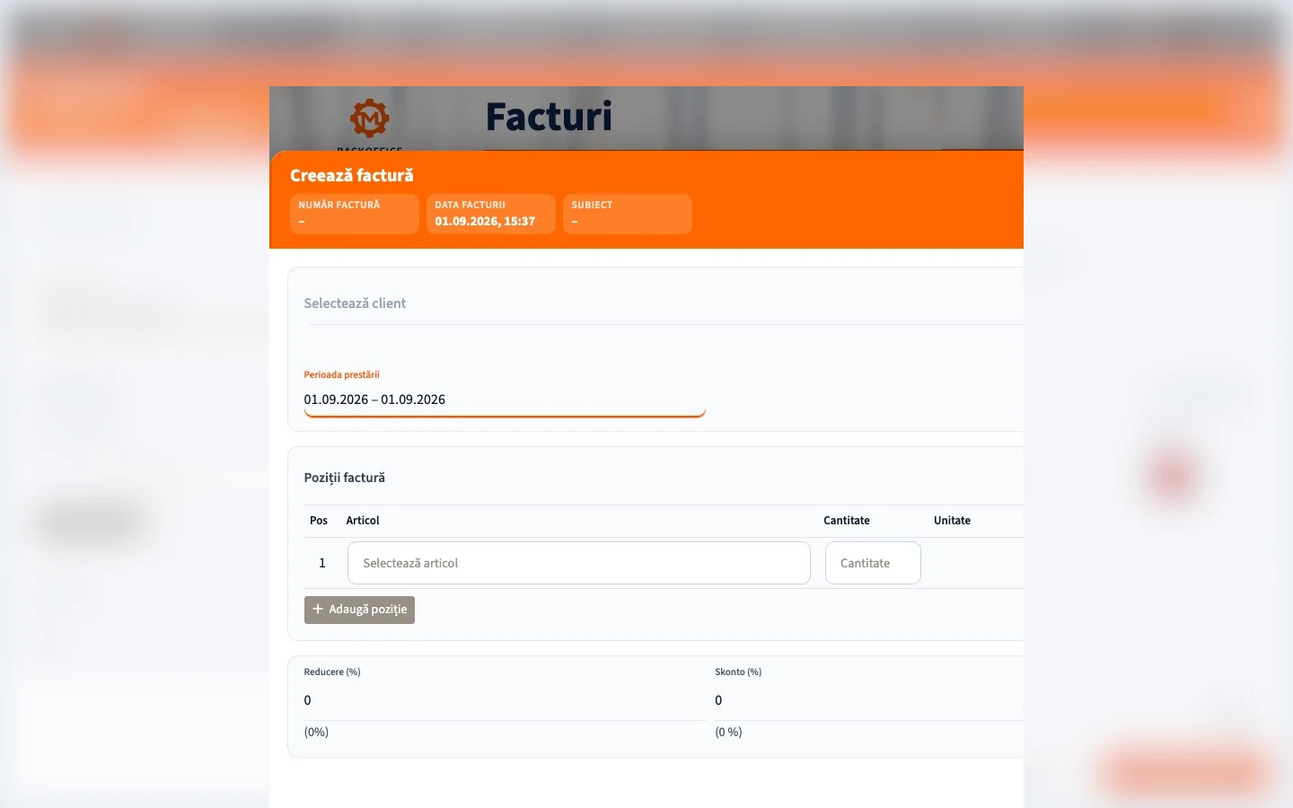 Motorica Backoffice: formular de factură în română cu titlul complet al paginii vizibil