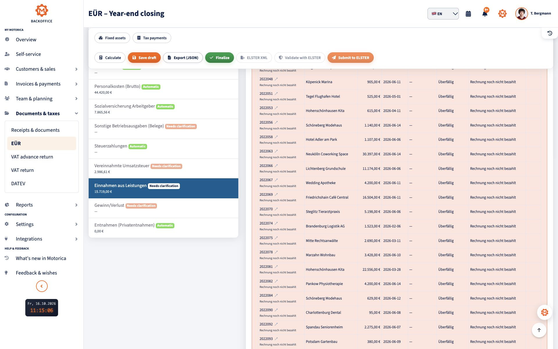 Income surplus statement view in Motorica with income, expenses and ELSTER filing