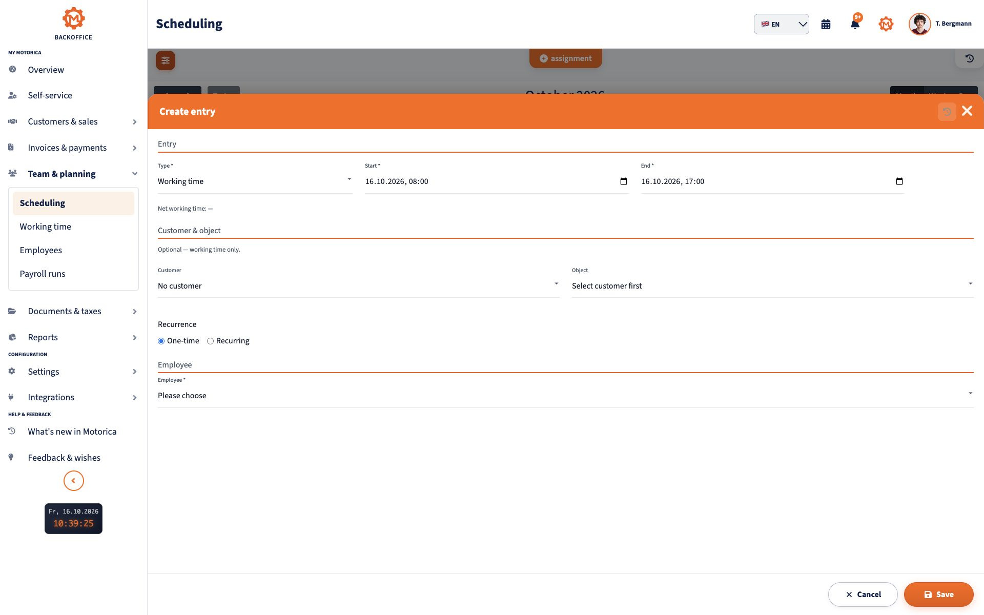 Motorica job creation form with date and time, customer, service location and employee selection