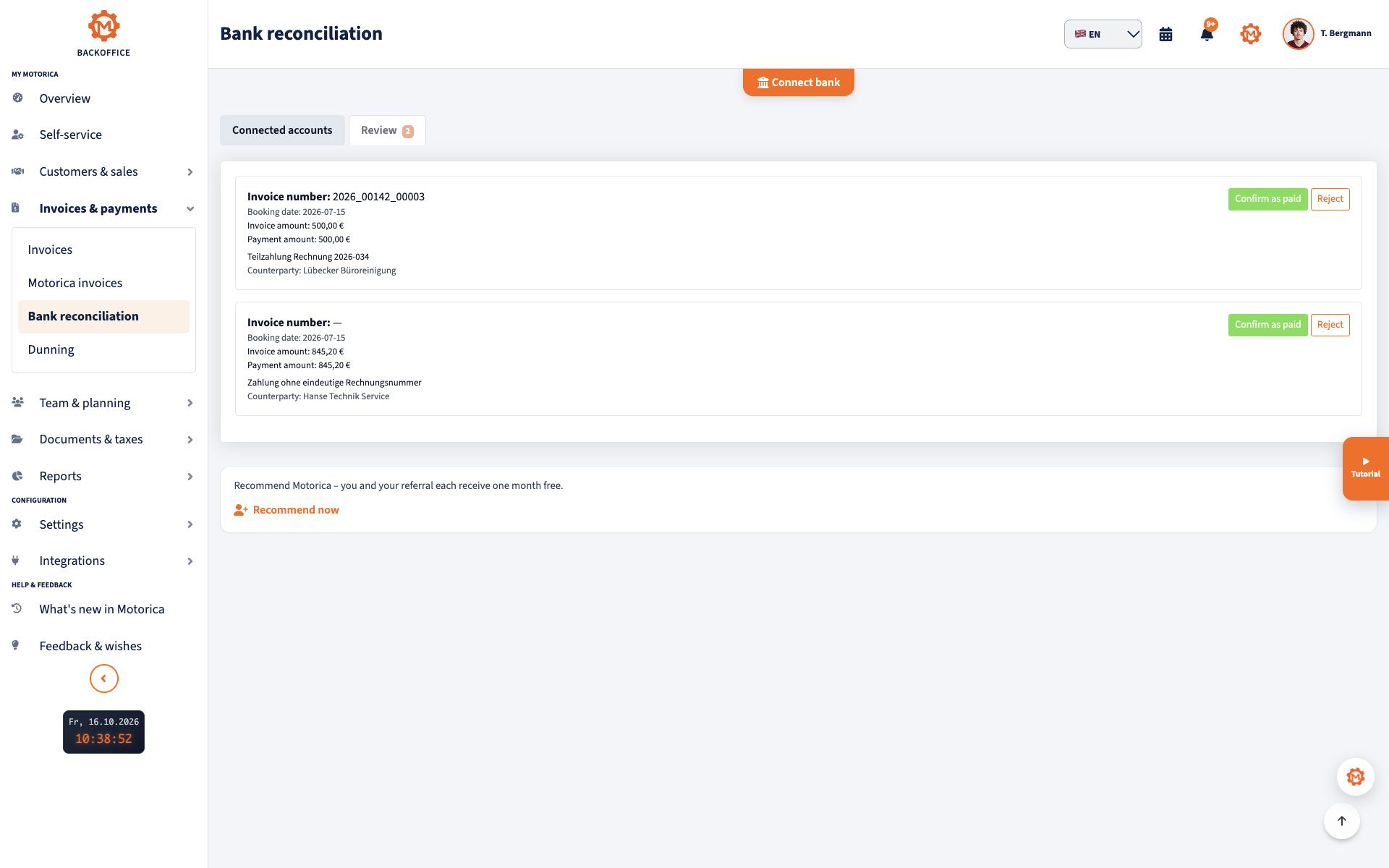 Bank reconciliation in Motorica with matched payments and items to review