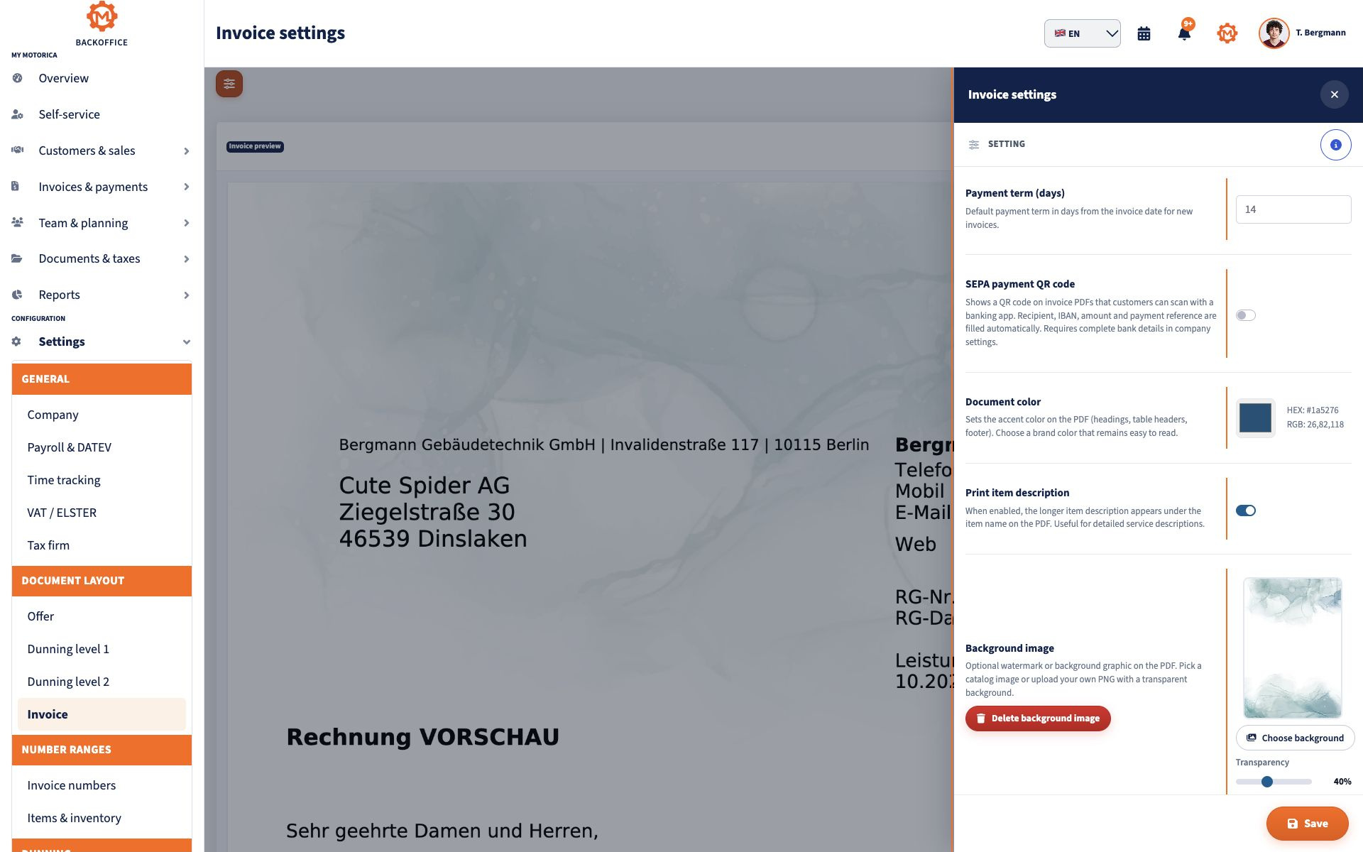 Motorica settings for company logo and document backgrounds