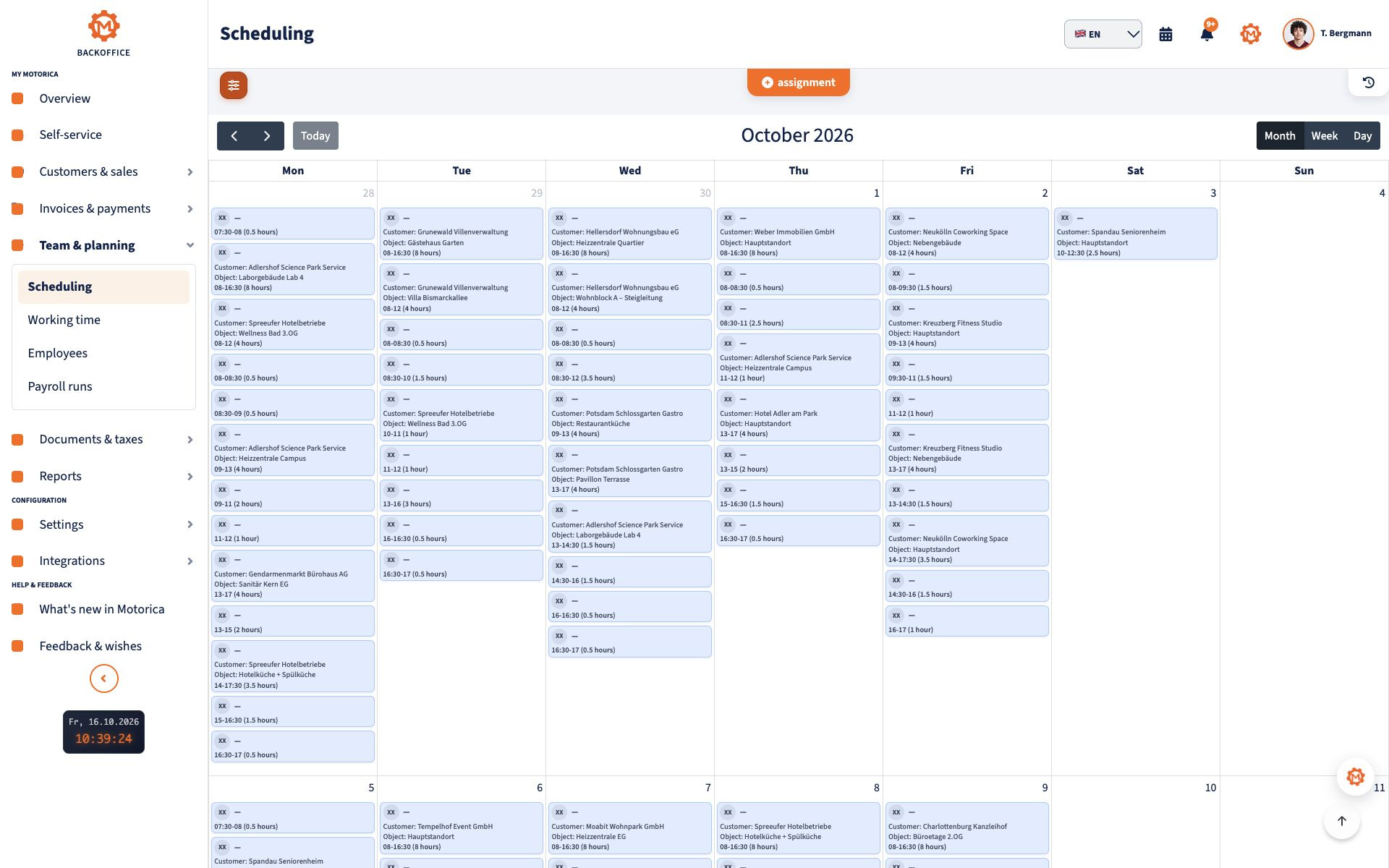 Motorica animation showing a customer job being created, assigned to an employee and added to the employee calendar