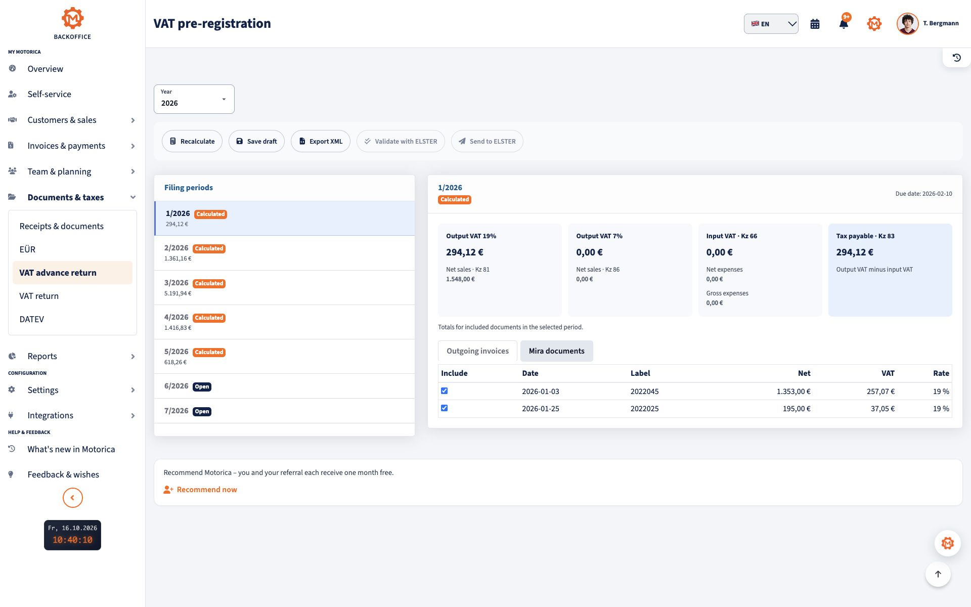Advance VAT return in the Motorica backoffice