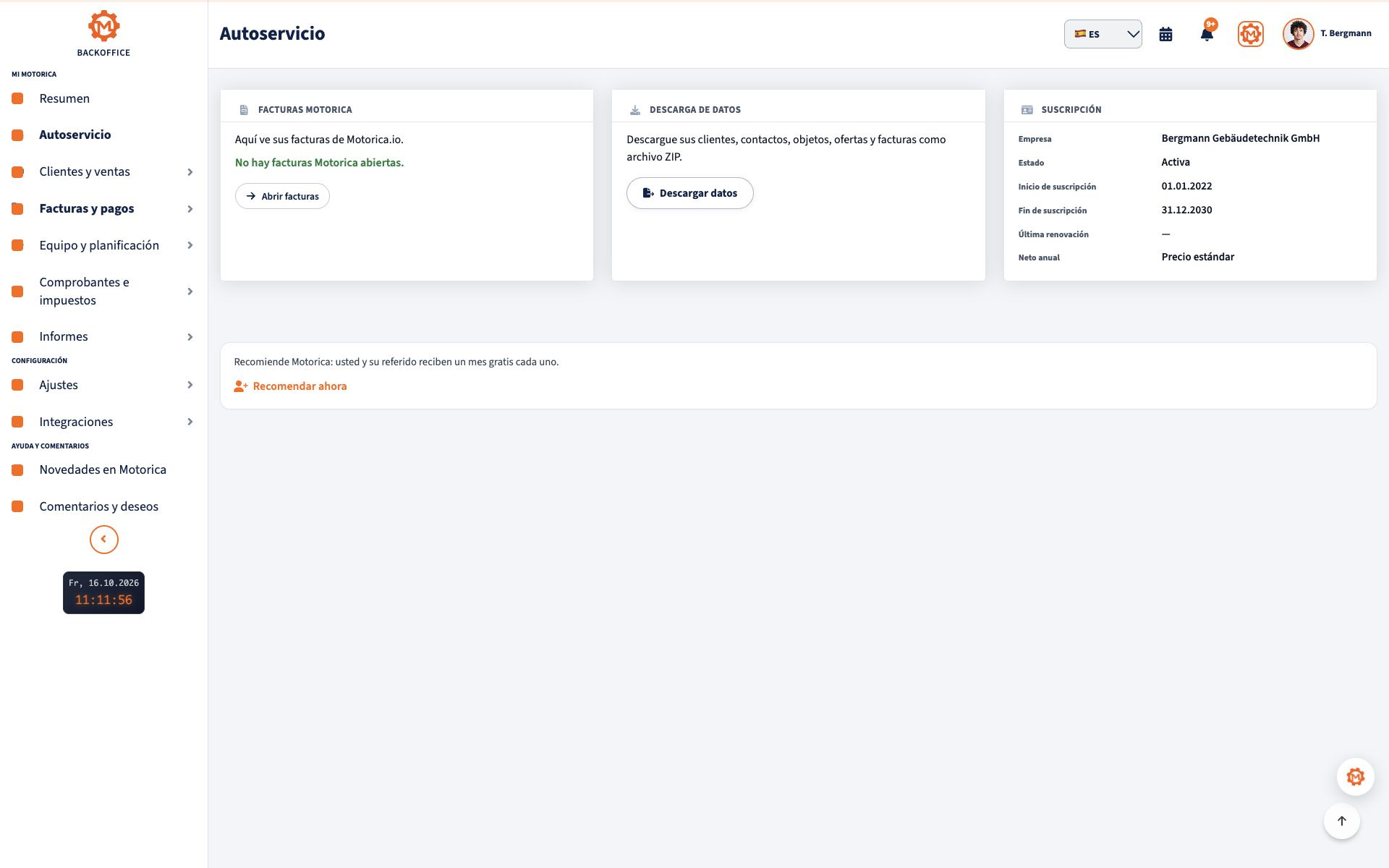 Suscripción activa a Motorica de la empresa de demostración ficticia Bergmann Gebäudetechnik GmbH