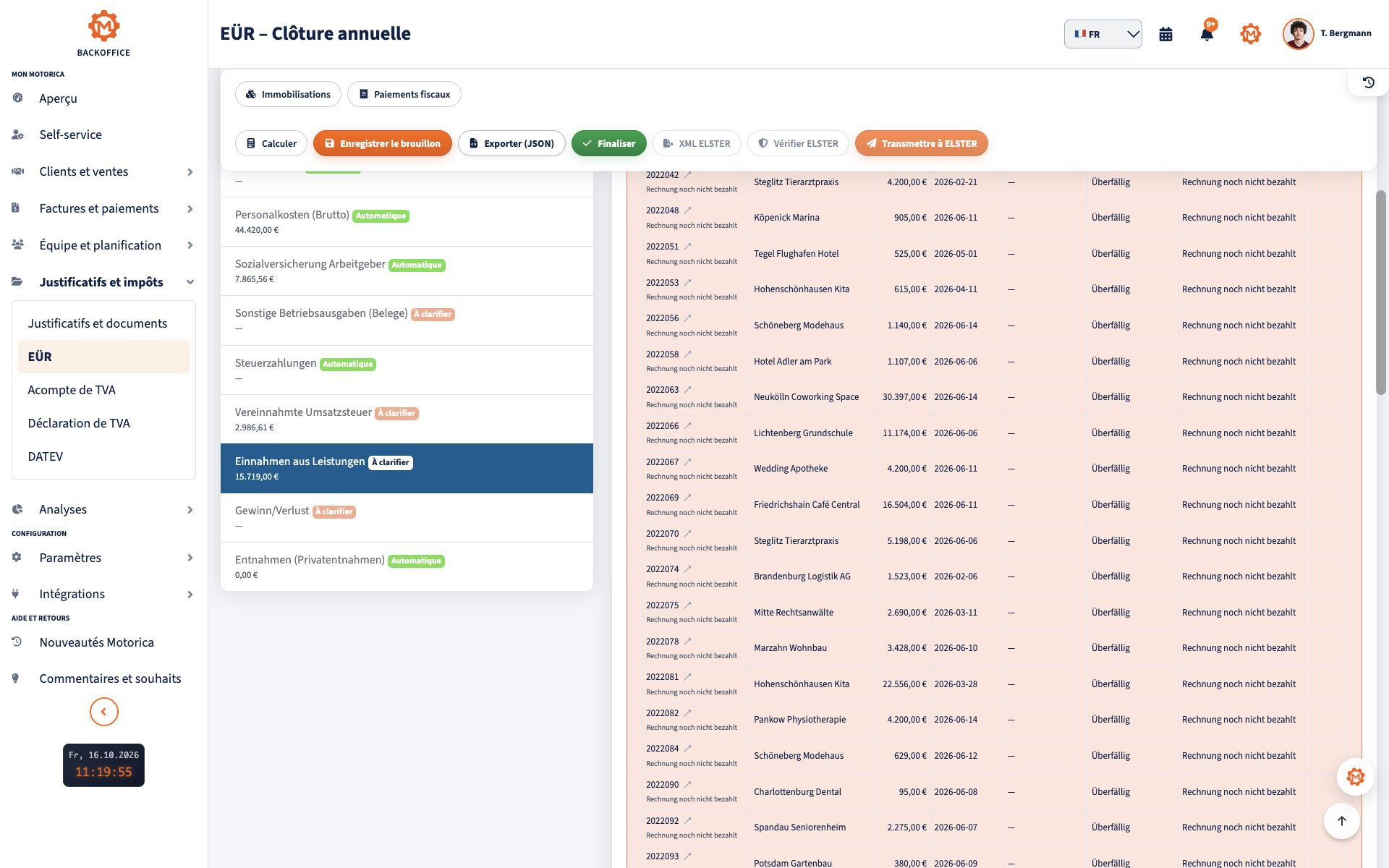 Vue EÜR dans Motorica avec recettes, dépenses et transmission via ELSTER