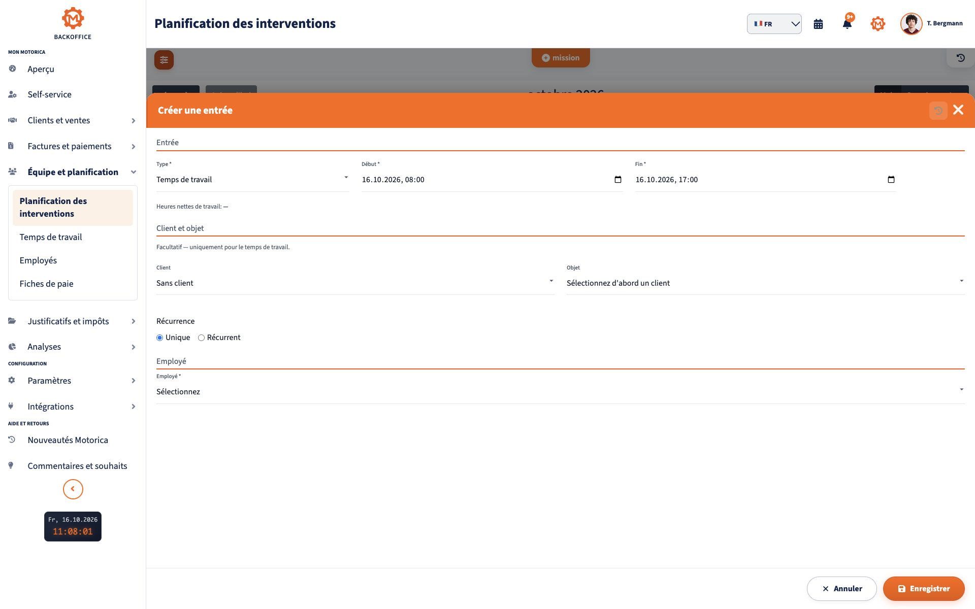 Formulaire Motorica pour créer une intervention avec date et heure, client, site d’intervention et choix du collaborateur