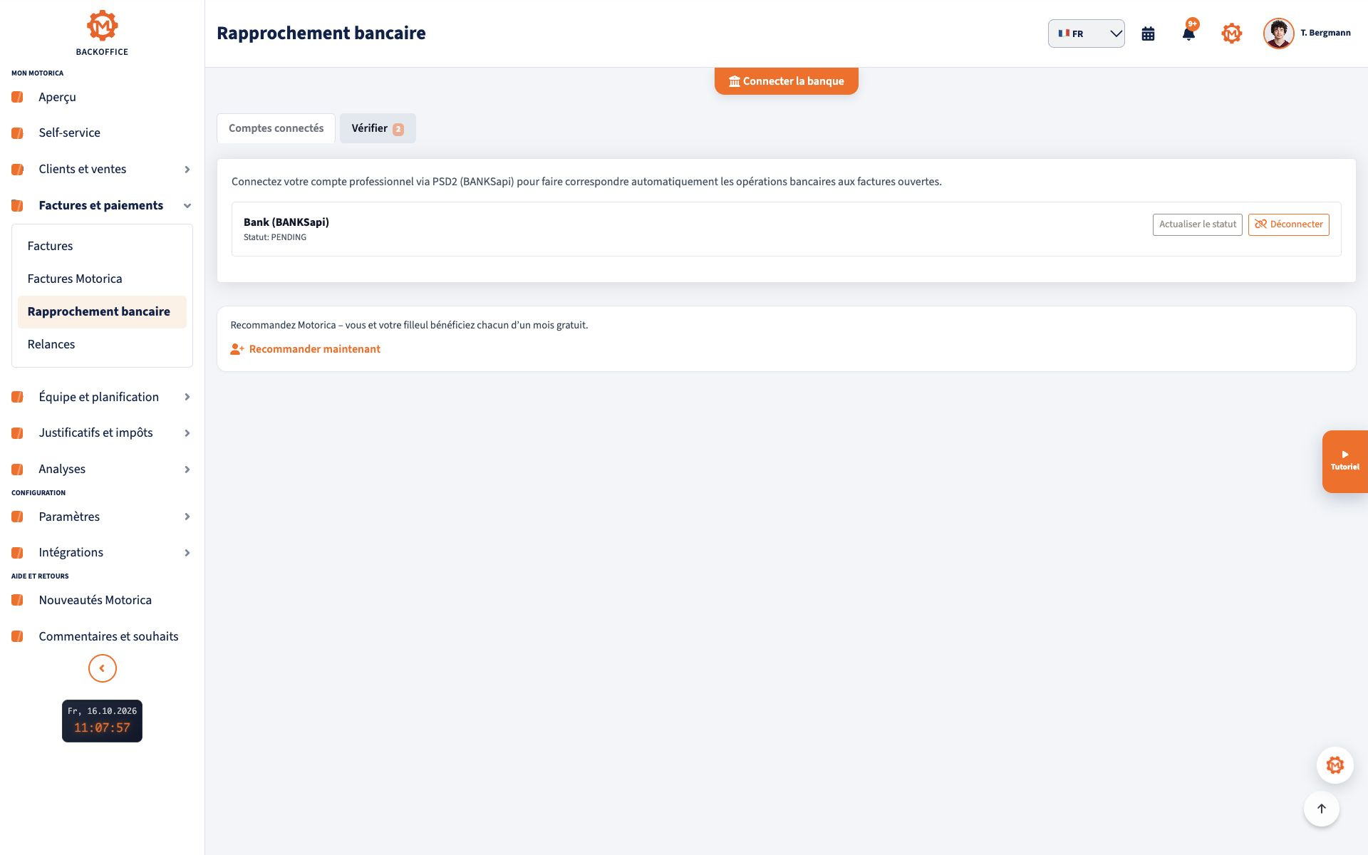Compte professionnel connecté dans le rapprochement bancaire Motorica