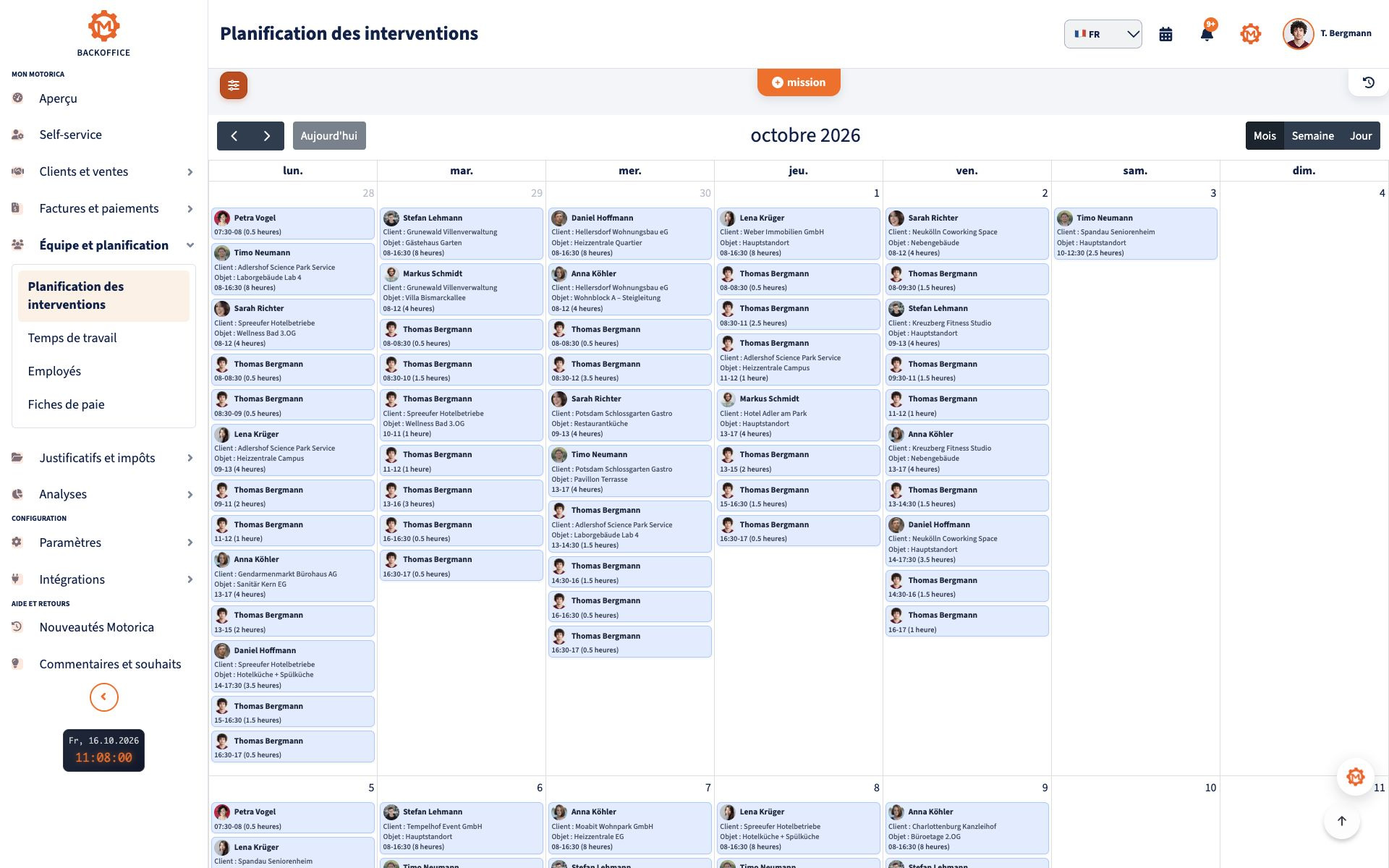 Animation dans Motorica montrant la création d’une intervention client, son affectation à un collaborateur et son ajout au calendrier du personnel