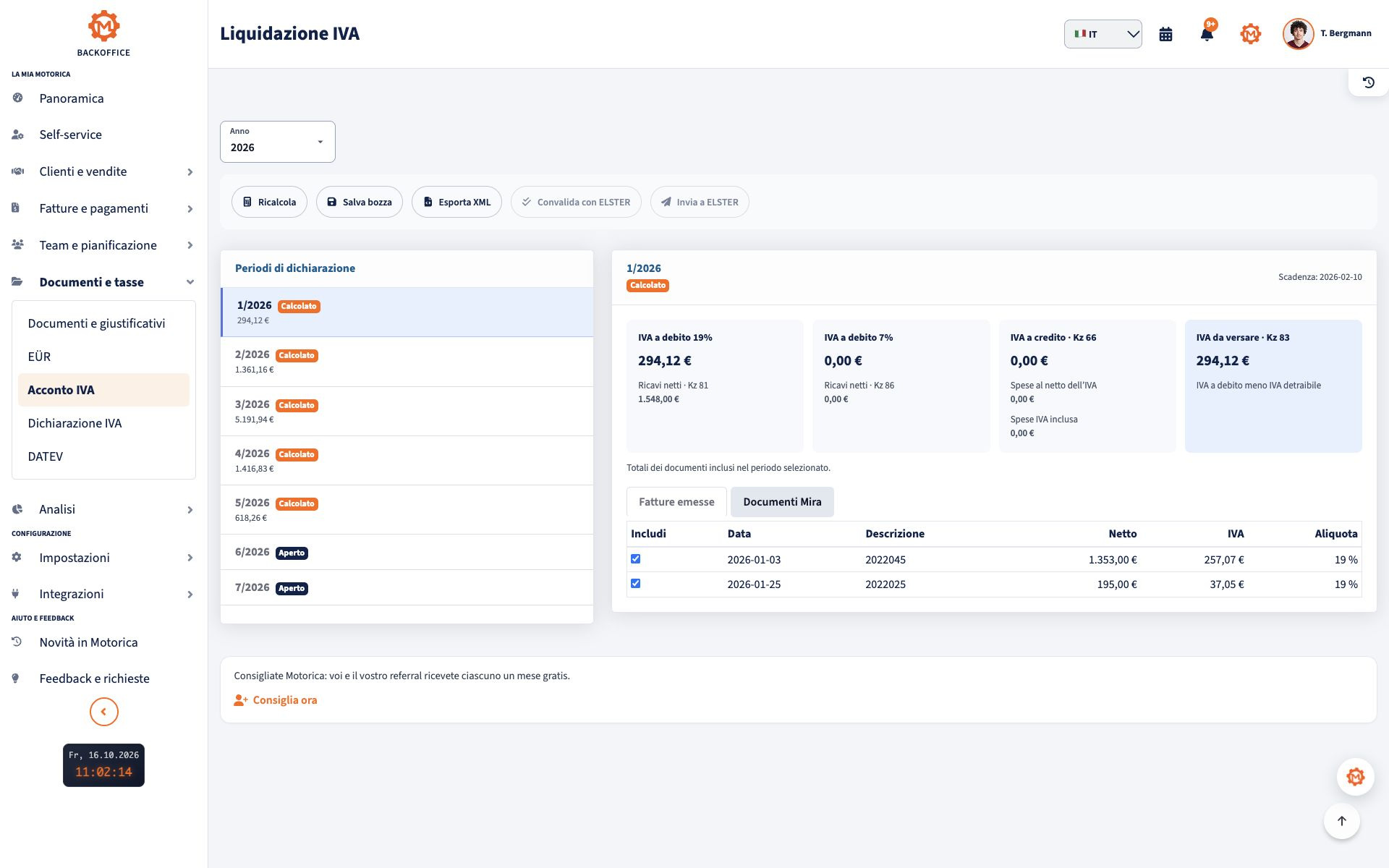 Dichiarazione IVA periodica nel backoffice Motorica