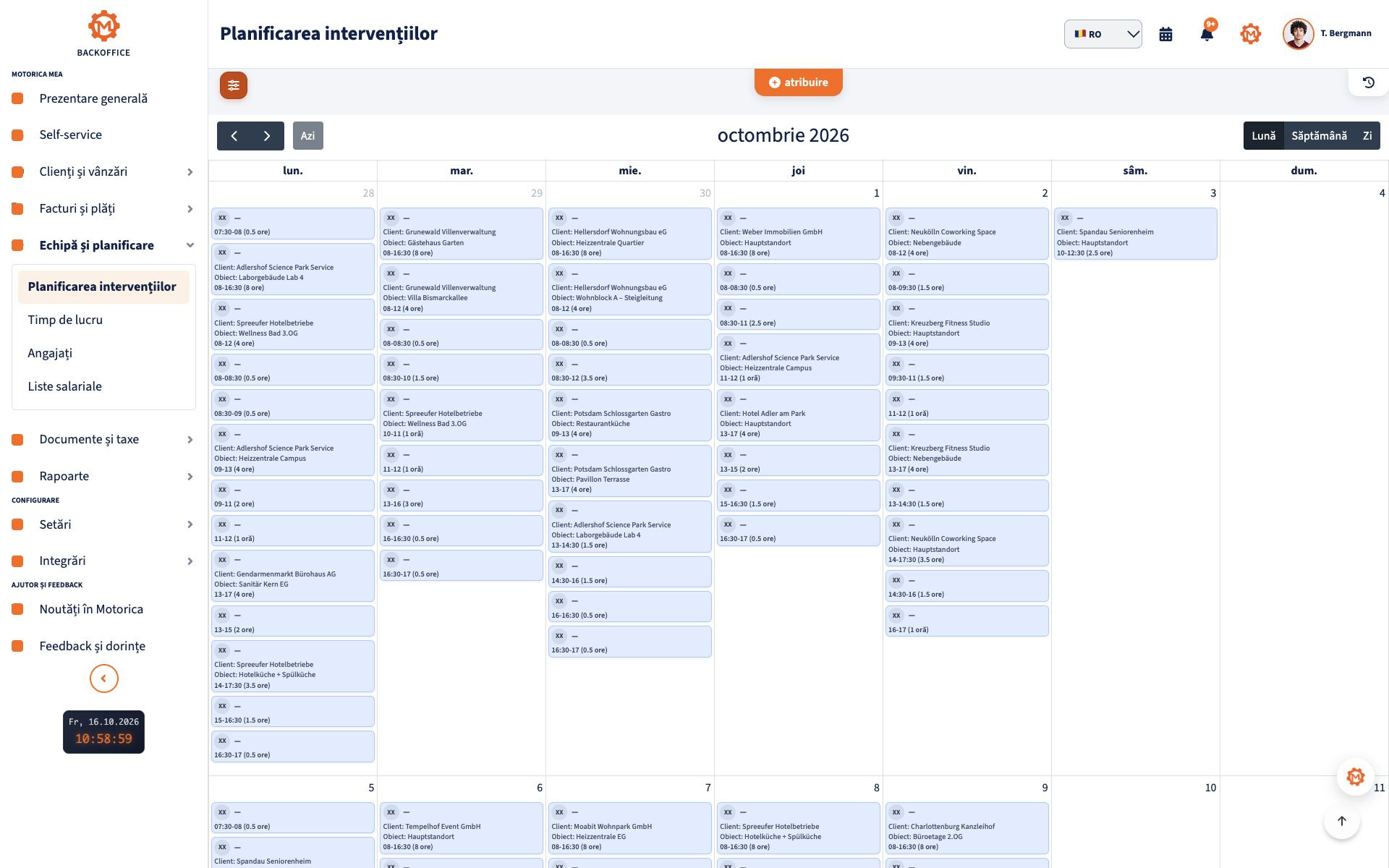 Animație în Motorica care arată crearea unei intervenții pentru client, alocarea unui angajat și adăugarea în calendarul angajaților