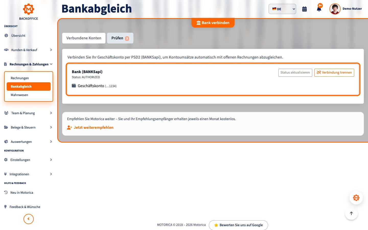Motorica-Produktansicht: Was automatischer Bankabgleich in Motorica bedeutet