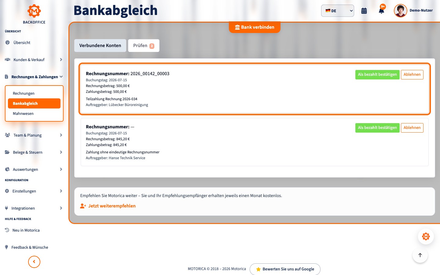 Motorica-Produktansicht: Teilzahlungen, Sammelzahlungen und falscher Verwendungszweck