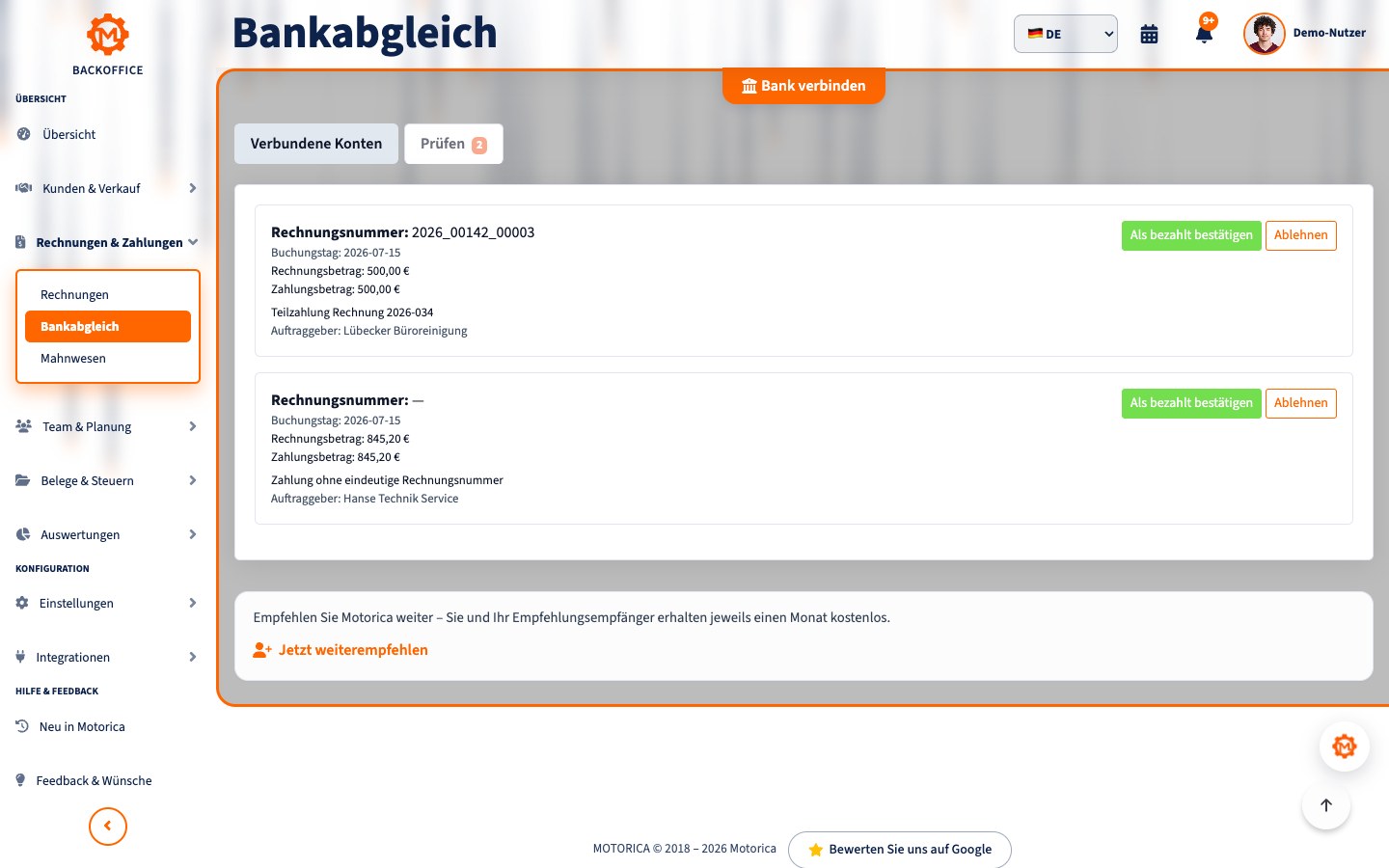 Bankabgleich in Motorica mit zugeordneten und zu prüfenden Zahlungen