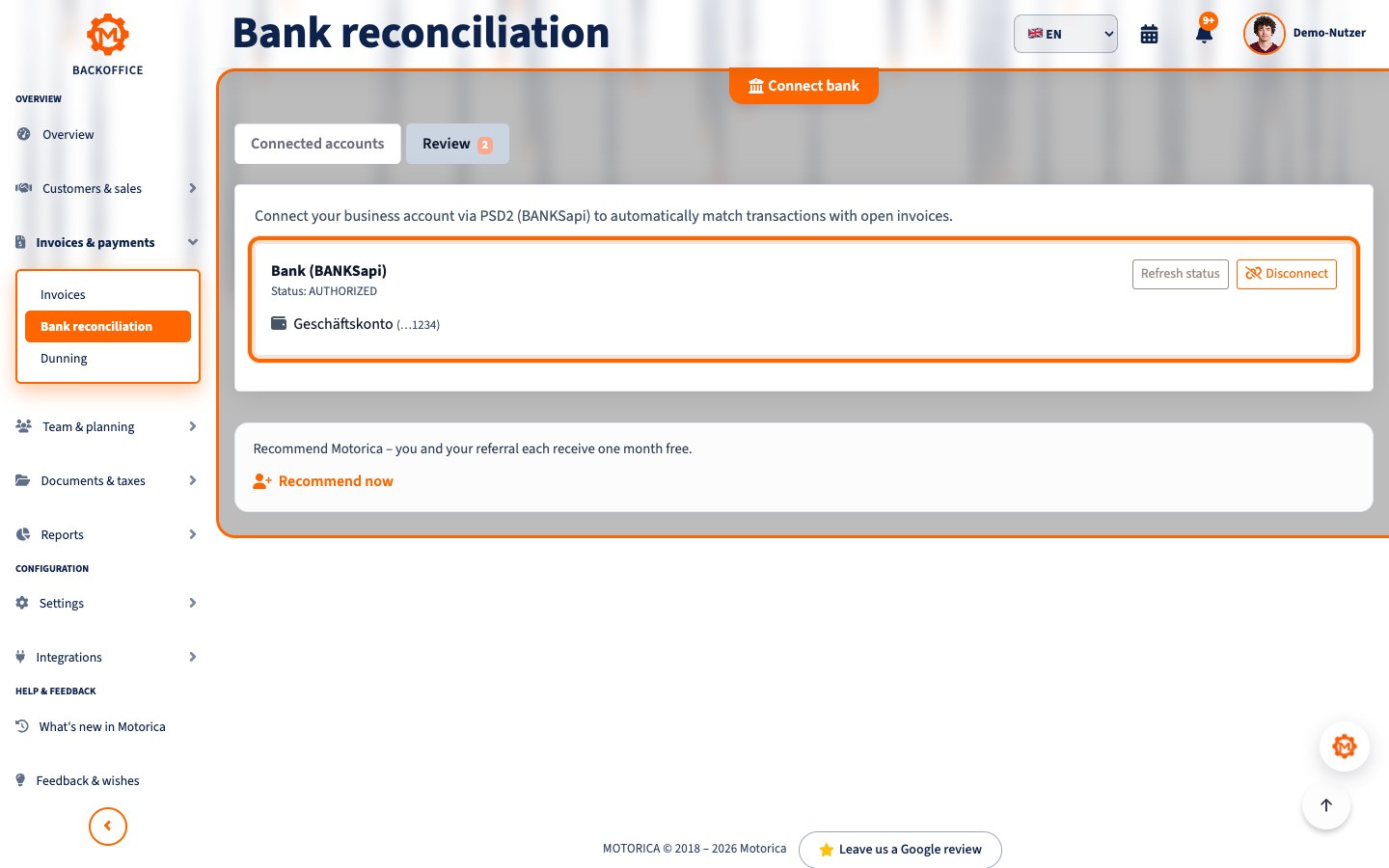 Motorica product view: What bank transaction reconciliation means in Motorica