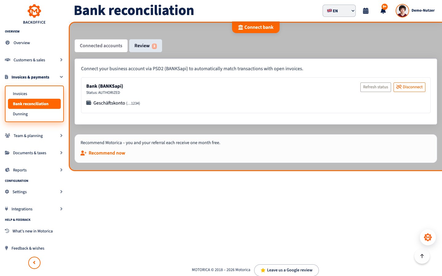Motorica product view: Bank reconciliation explained: match payments correctly