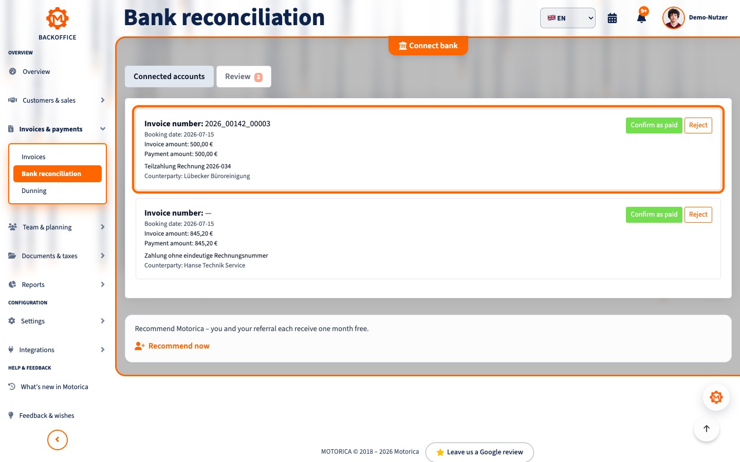 Motorica product view: Partial payments, batch payments and incorrect payment references