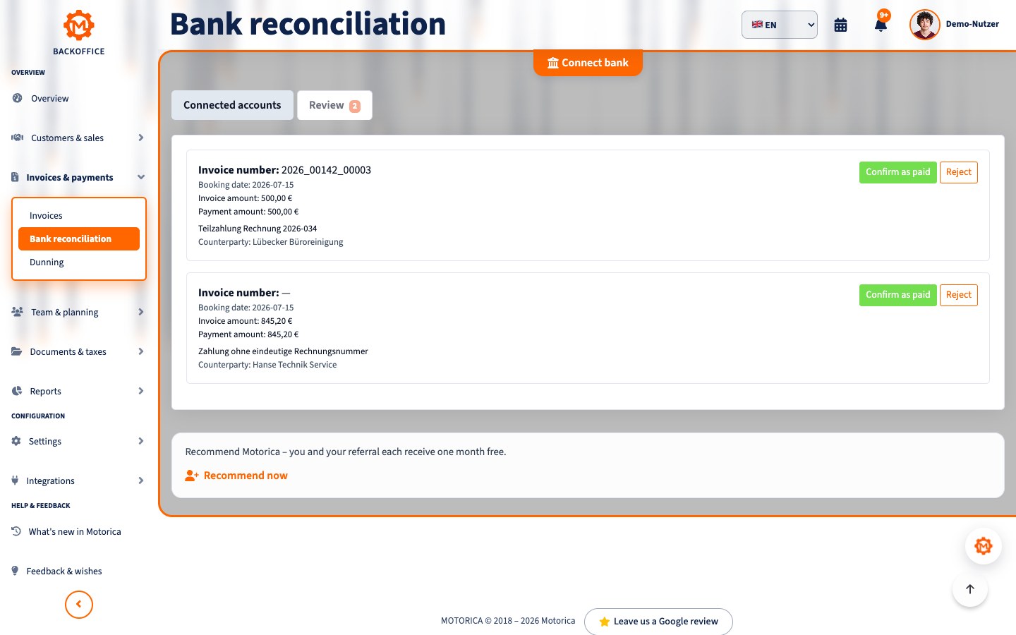 Bank reconciliation in Motorica with matched payments and items to review