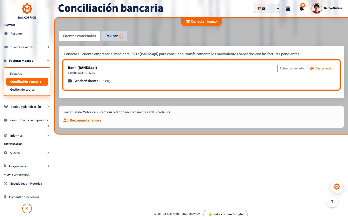 Vista del producto Motorica: Qué significa la conciliación bancaria automática en Motorica