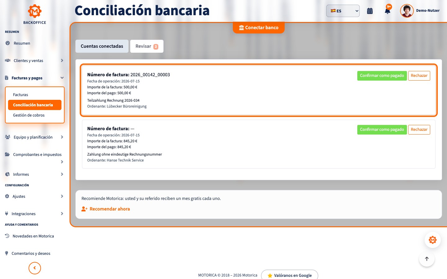 Vista del producto Motorica: Pagos parciales, pagos agrupados y conceptos de pago incorrectos