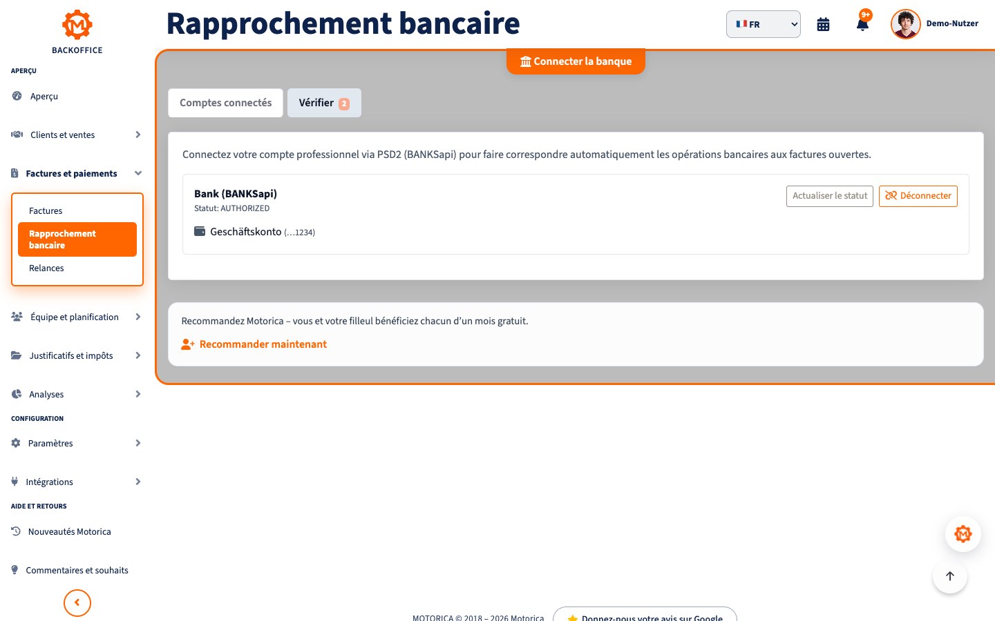 Vue du produit Motorica: Paiements et documents
