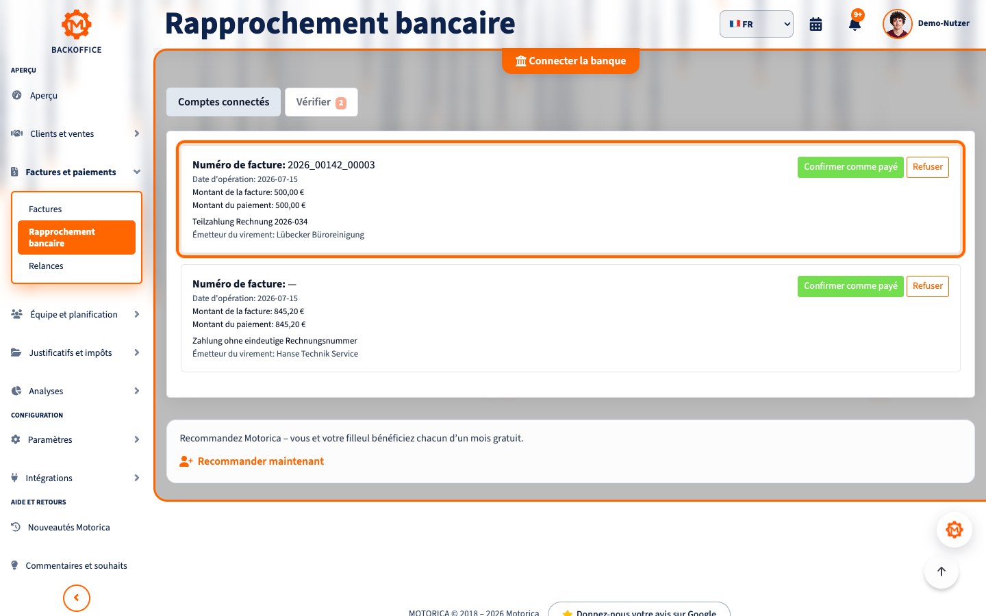 Vue du produit Motorica: Paiements partiels, paiements groupés et libellés incorrects