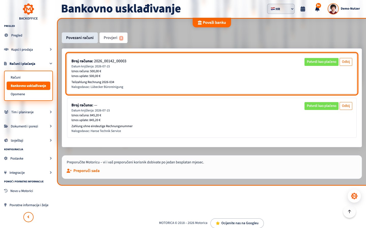 Prikaz proizvoda Motorica: Djelomične uplate, zbirne uplate i pogrešan opis transakcije