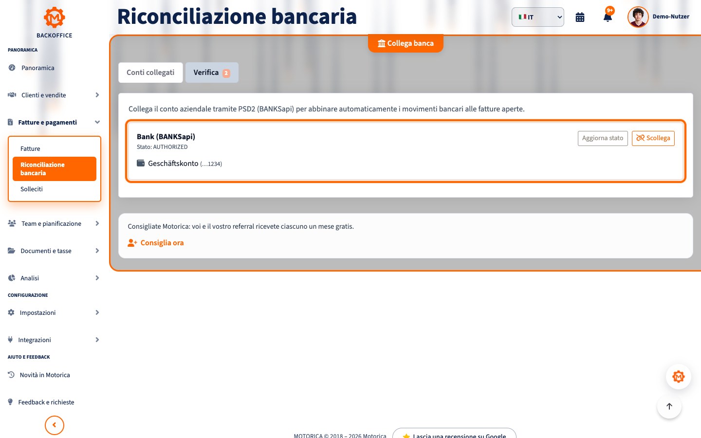 Vista prodotto Motorica: Che cosa significa riconciliazione bancaria automatica in Motorica