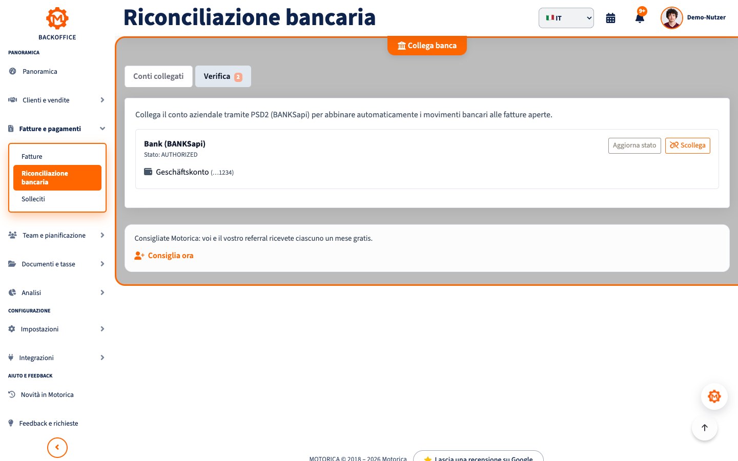 Vista prodotto Motorica: Pagamenti e documenti