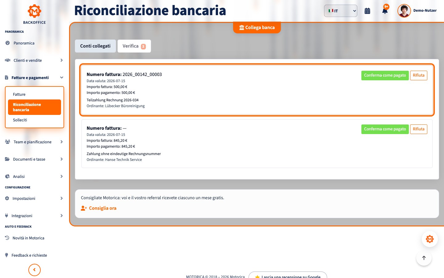 Vista prodotto Motorica: Pagamenti parziali, pagamenti cumulativi e causali errate