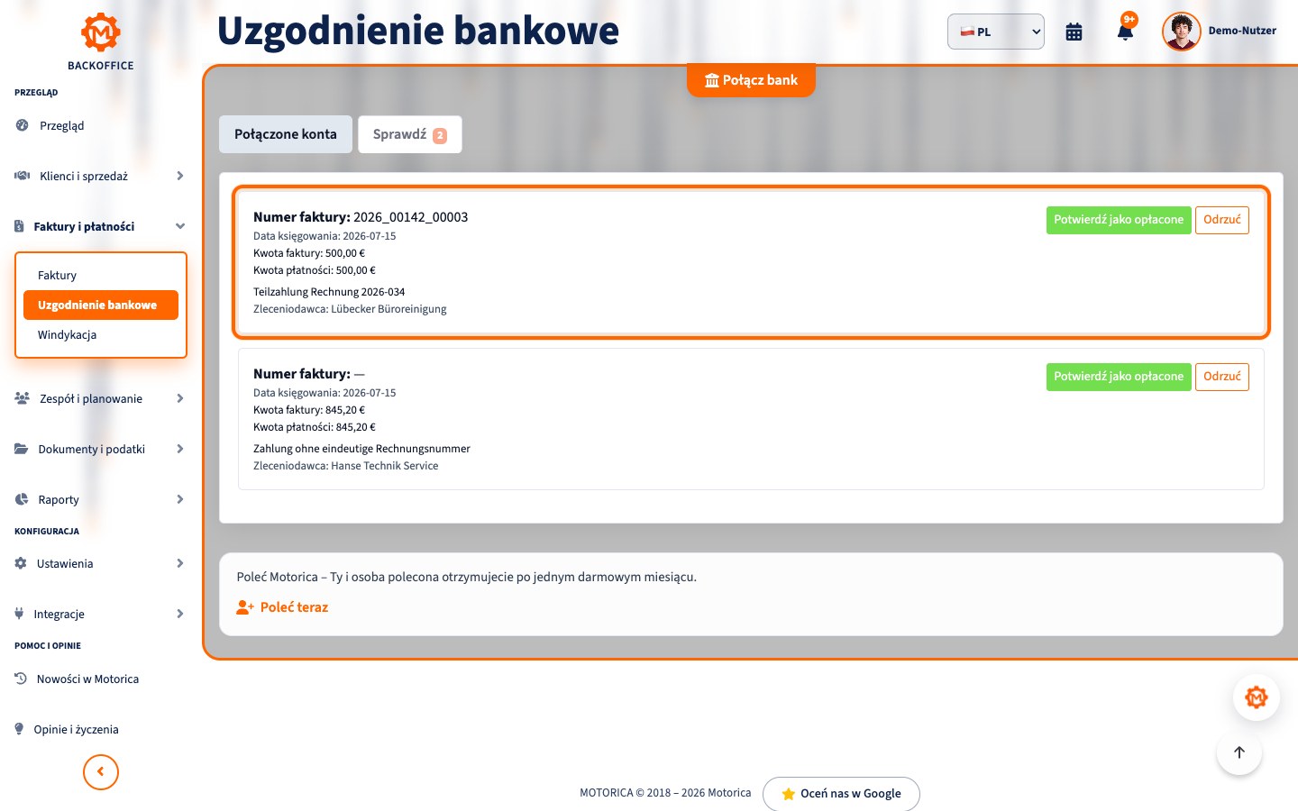 Widok produktu Motorica: Płatności częściowe, zbiorcze i błędny tytuł przelewu