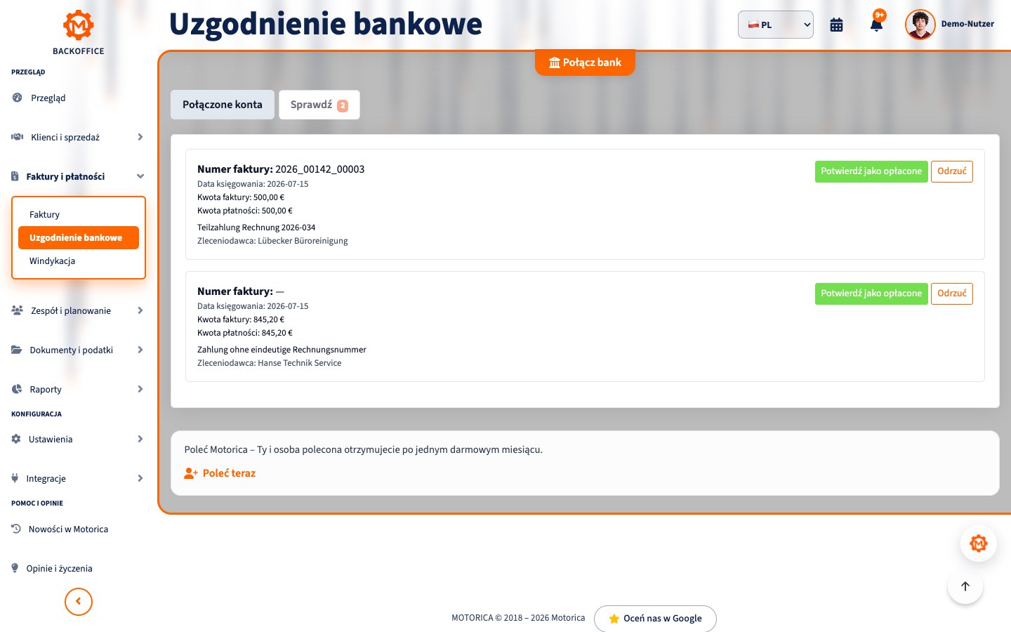 Uzgodnienie bankowe w Motorica z dopasowanymi płatnościami i pozycjami do sprawdzenia
