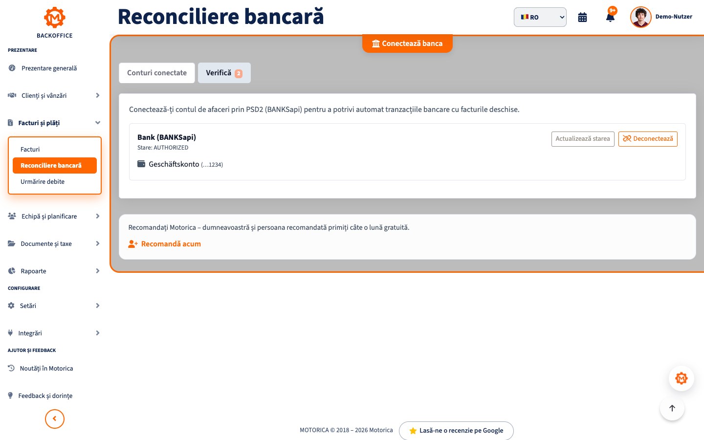 Interfață Motorica: Plăți și documente