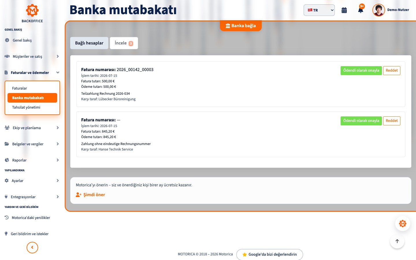 Motorica banka mutabakatı: eşleşen ve kontrol edilecek ödemeler