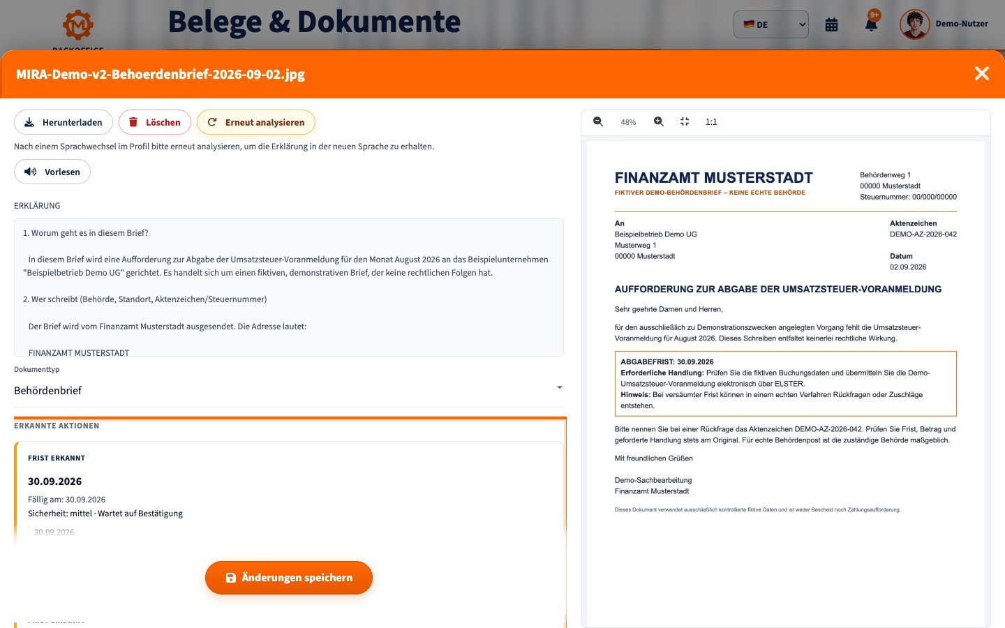 Motorica Backoffice zeigt einen fiktiven Finanzamtsbrief zur Umsatzsteuer-Voranmeldung mit erkannter Frist