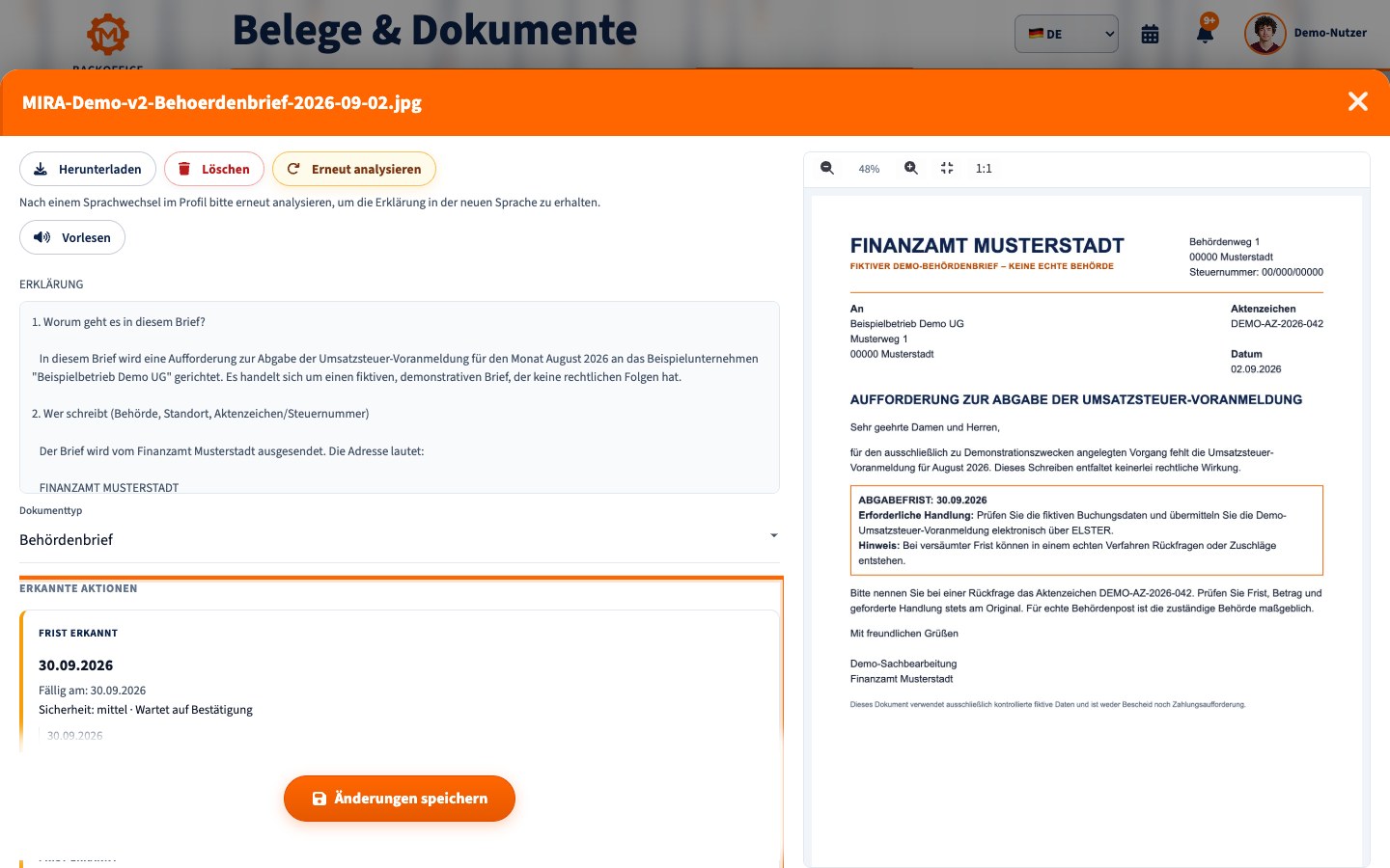 MIRA-Folgeaufgabe zum fiktiven Behördenbrief auf Deutsch
