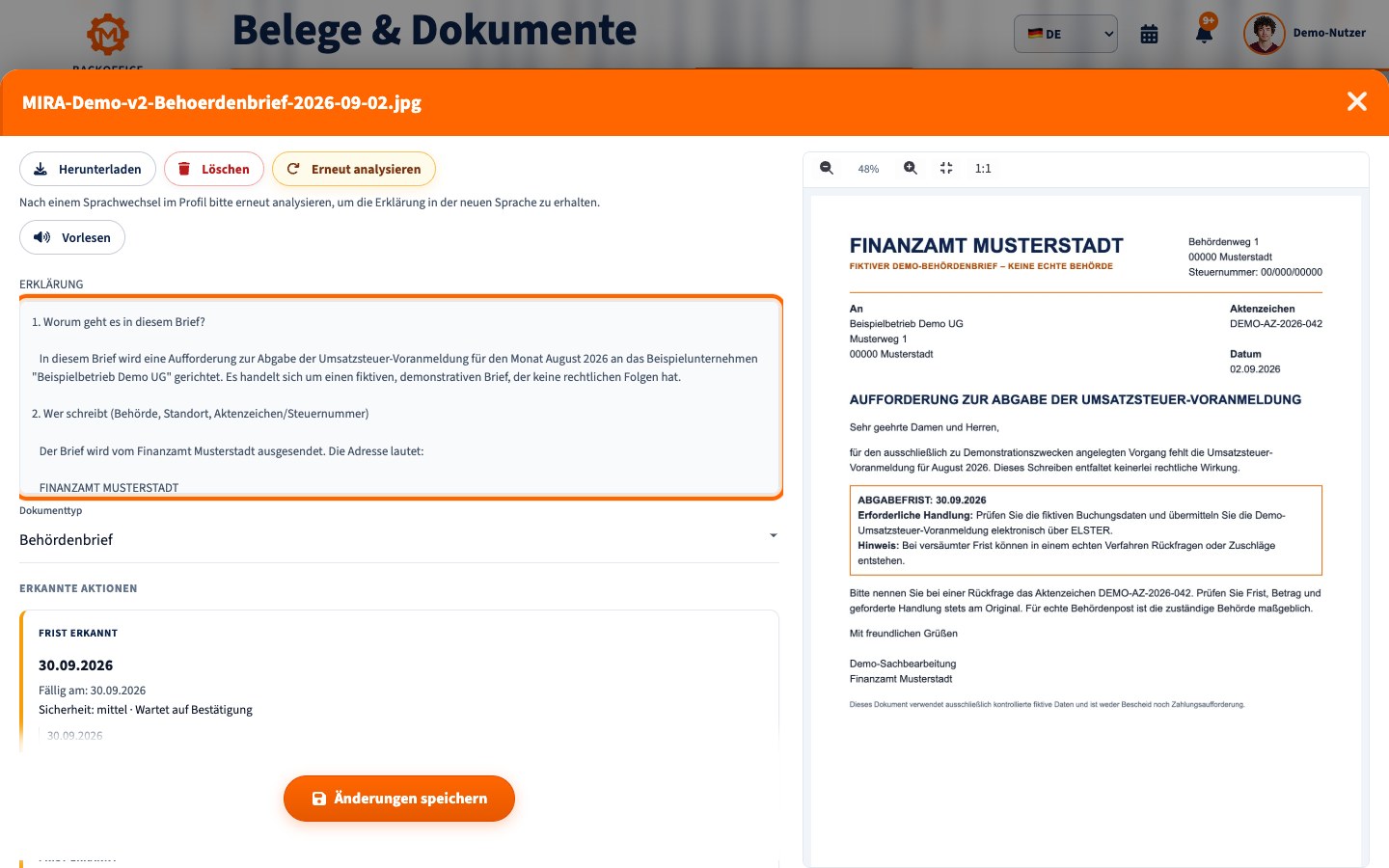 Motorica-Produktansicht: MIRA erklärt Dokumente und Behördenpost in der gewählten Sprache