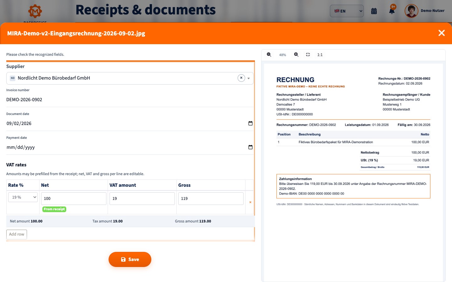 MIRA invoice analysis in English with supplier, invoice number and totals