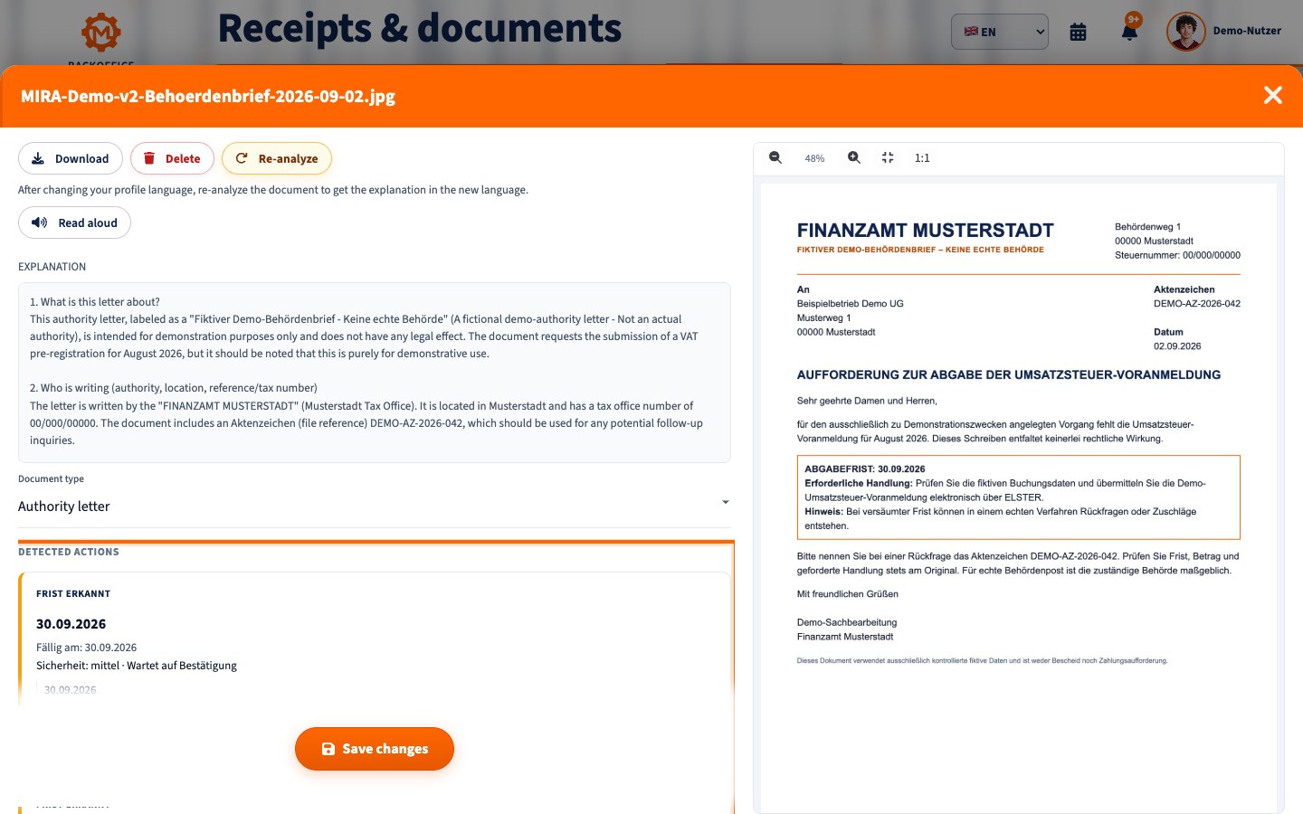 MIRA follow-up task for the fictional authority letter in English