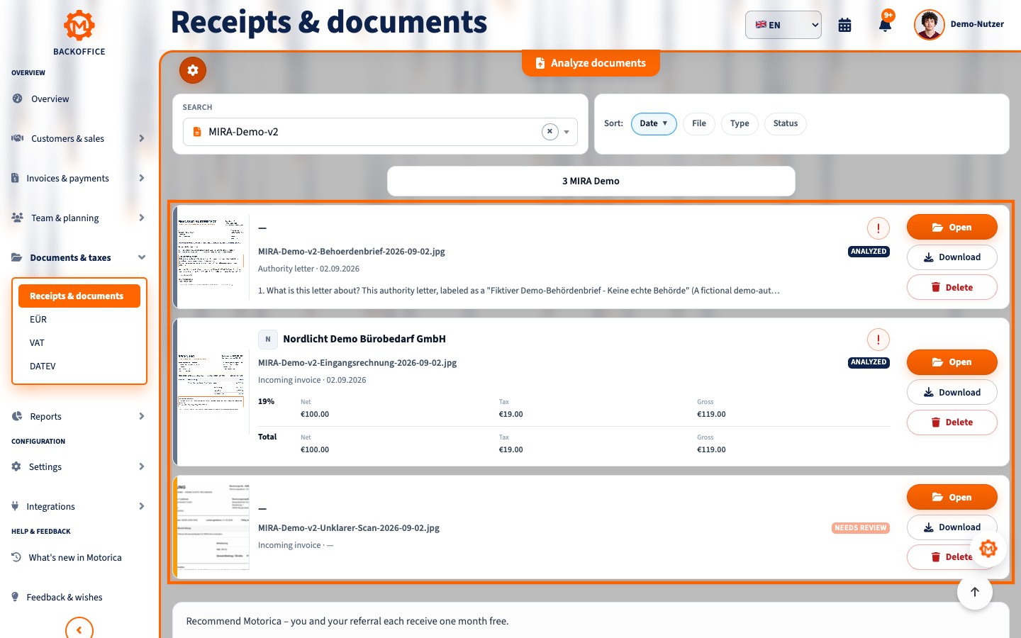 English MIRA document overview with three fictional demo uploads and the full navigation