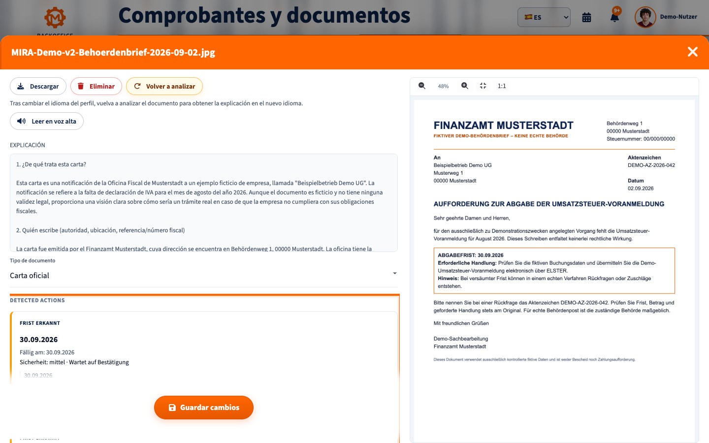 Backoffice Motorica con una carta tributaria de muestra y el plazo detectado para declarar el IVA