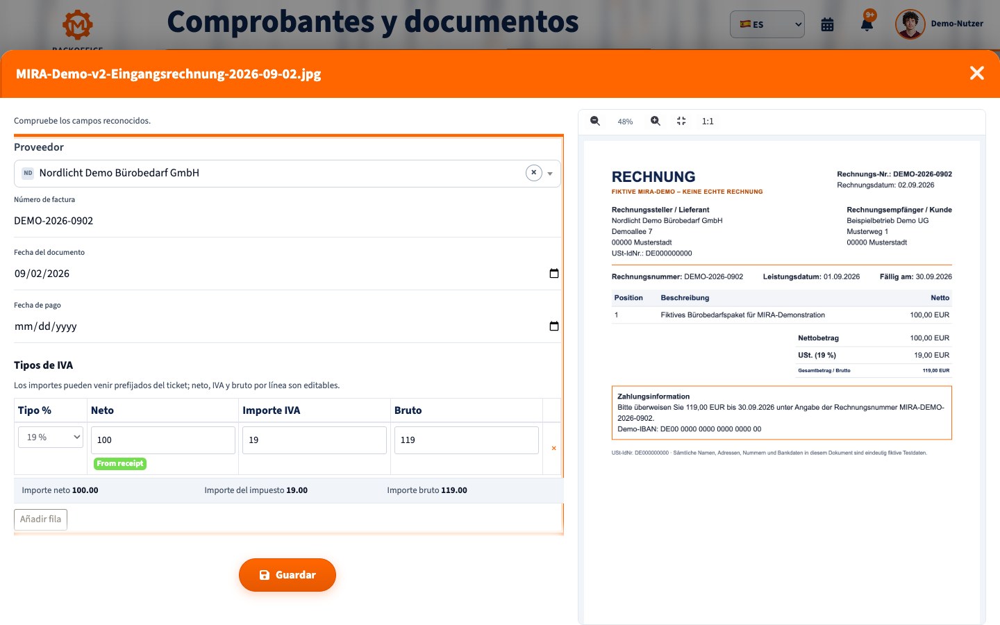 Análisis de factura en MIRA en español con proveedor, número e importes totales