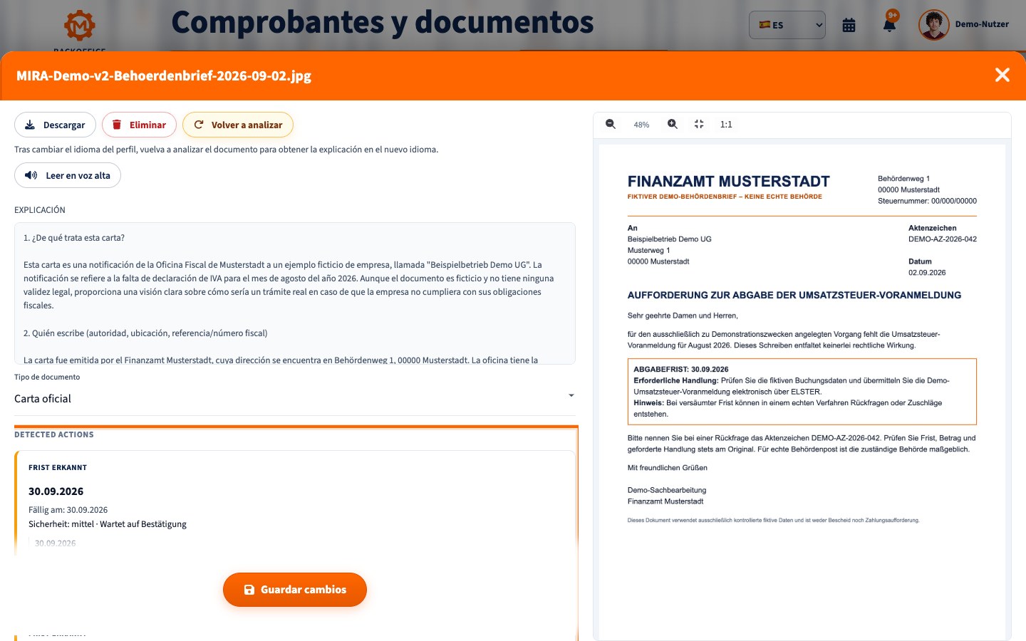 Tarea de seguimiento de MIRA en español para la carta oficial ficticia