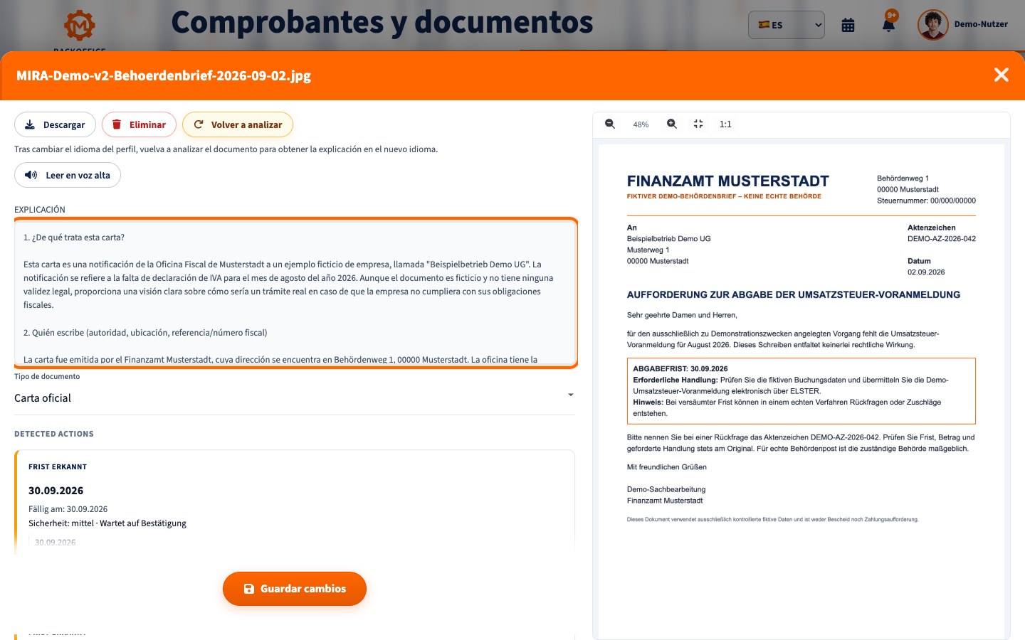Vista del producto Motorica: MIRA explica documentos y correspondencia oficial en el idioma elegido