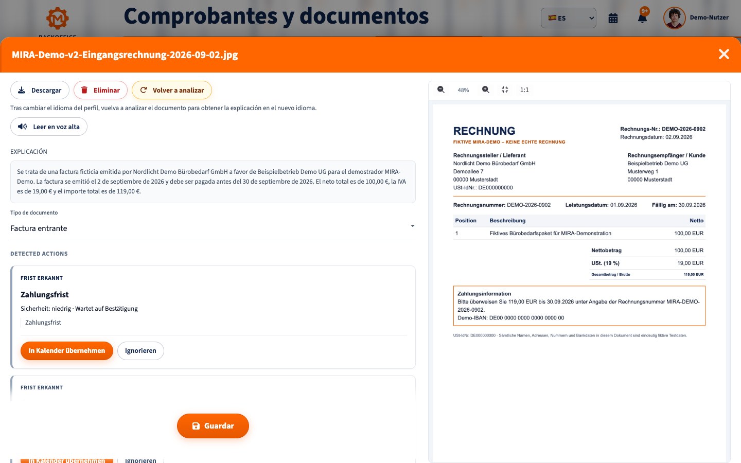 Vista detallada de la factura de demostración analizada por MIRA en español con navegación y título de página completos