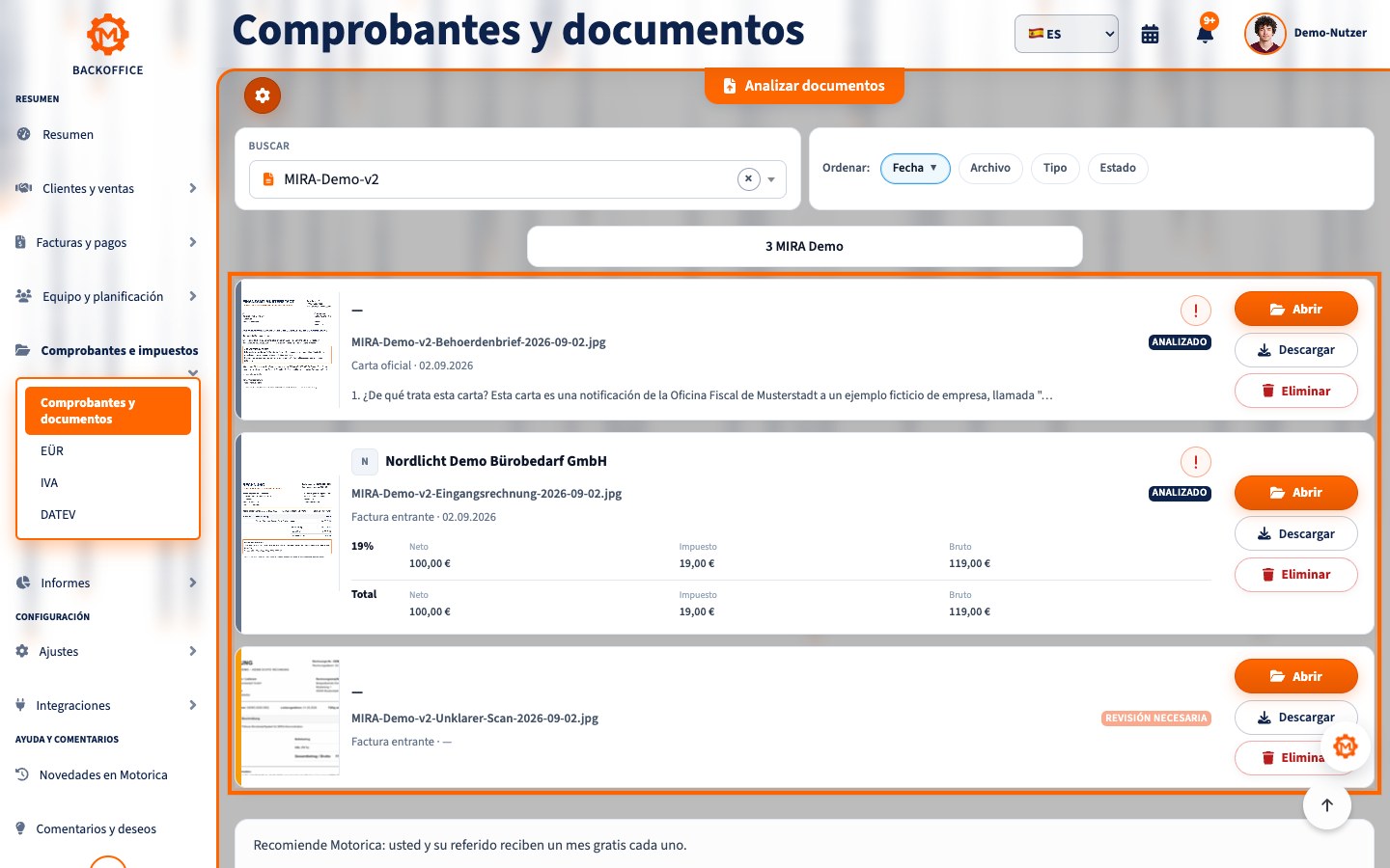 Vista del producto Motorica: Conservación y protección de datos